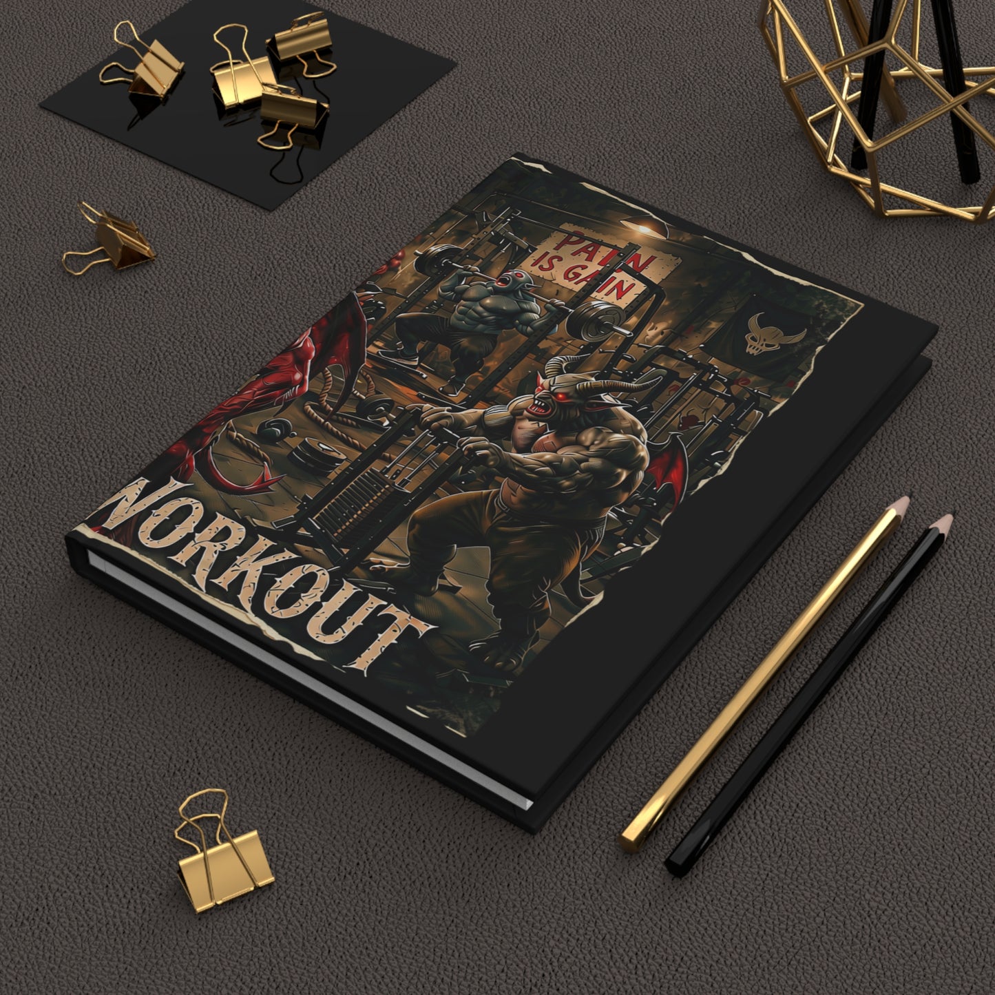 Demonic Gym Workout Hardcover Journal — 'Pain Is Gain' Fitness Notebook