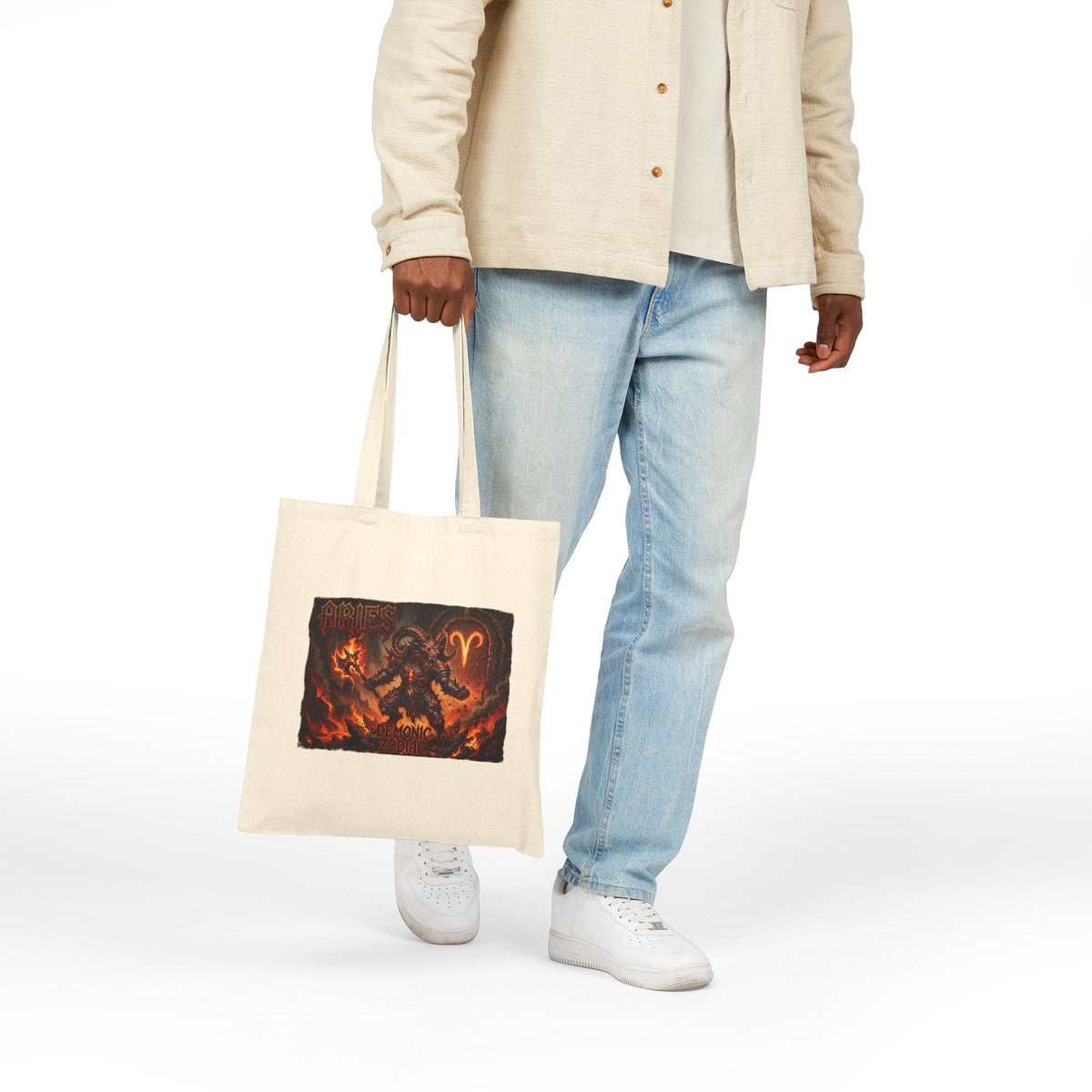 Demonic Aries Zodiac Canvas Tote Bag — Zodiac Fire Sign Gothic Tote