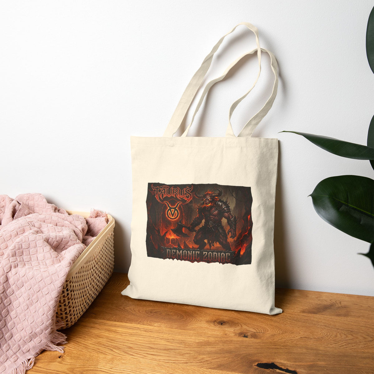 Demonic Taurus Zodiac Warrior Graphic Tote Bag - Gothic Fantasy Canvas Book & Grocery Tote