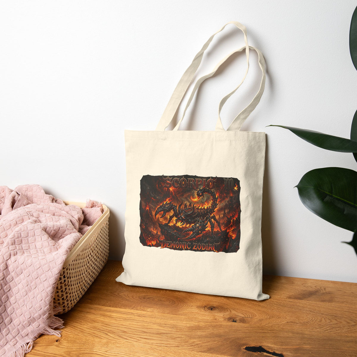 Demonic Scorpio Zodiac Canvas Tote Bag — Fiery Scorpion Collage Art Tote