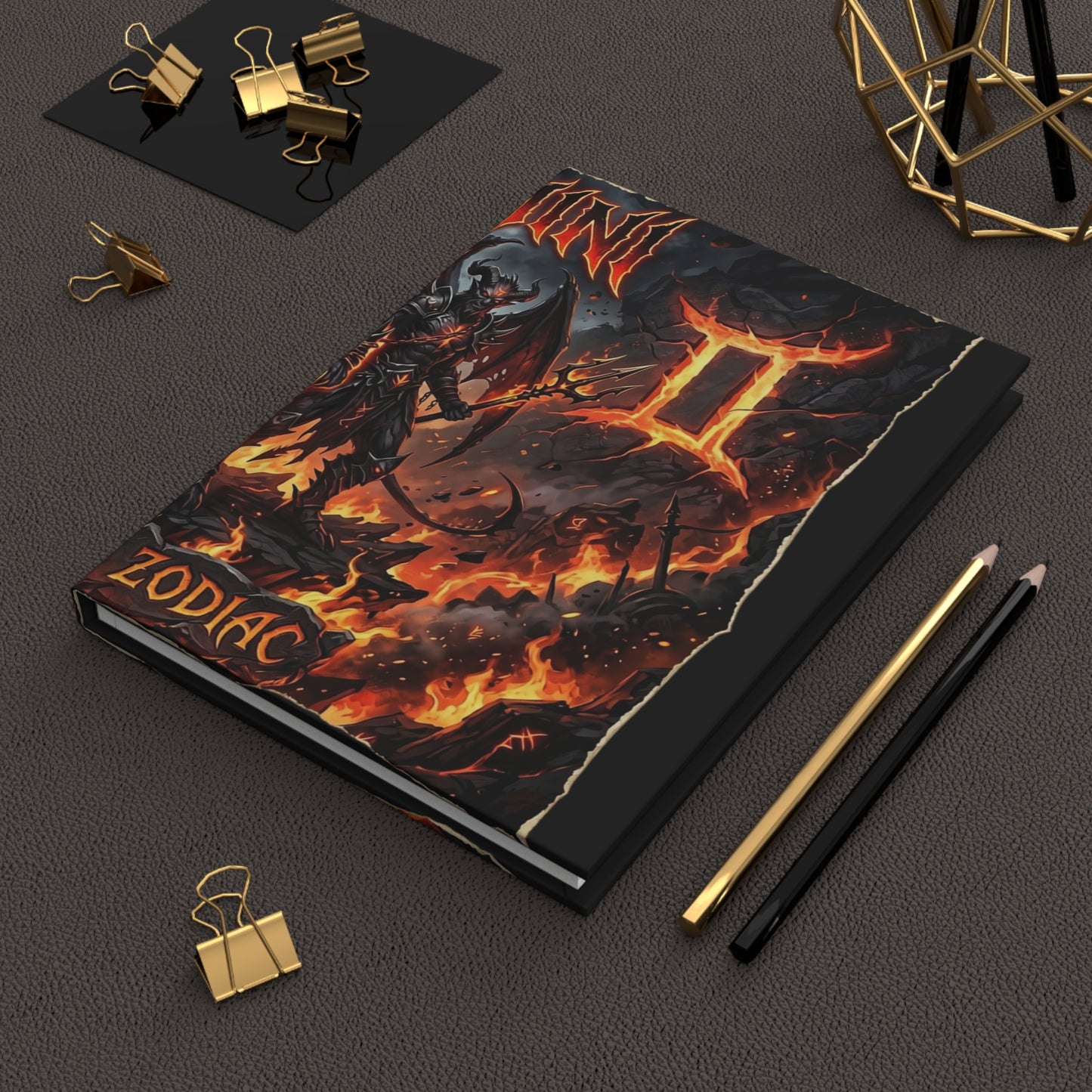 Gemini Zodiac Hardcover Journal — Fiery Demon Illustration Lined Notebook
