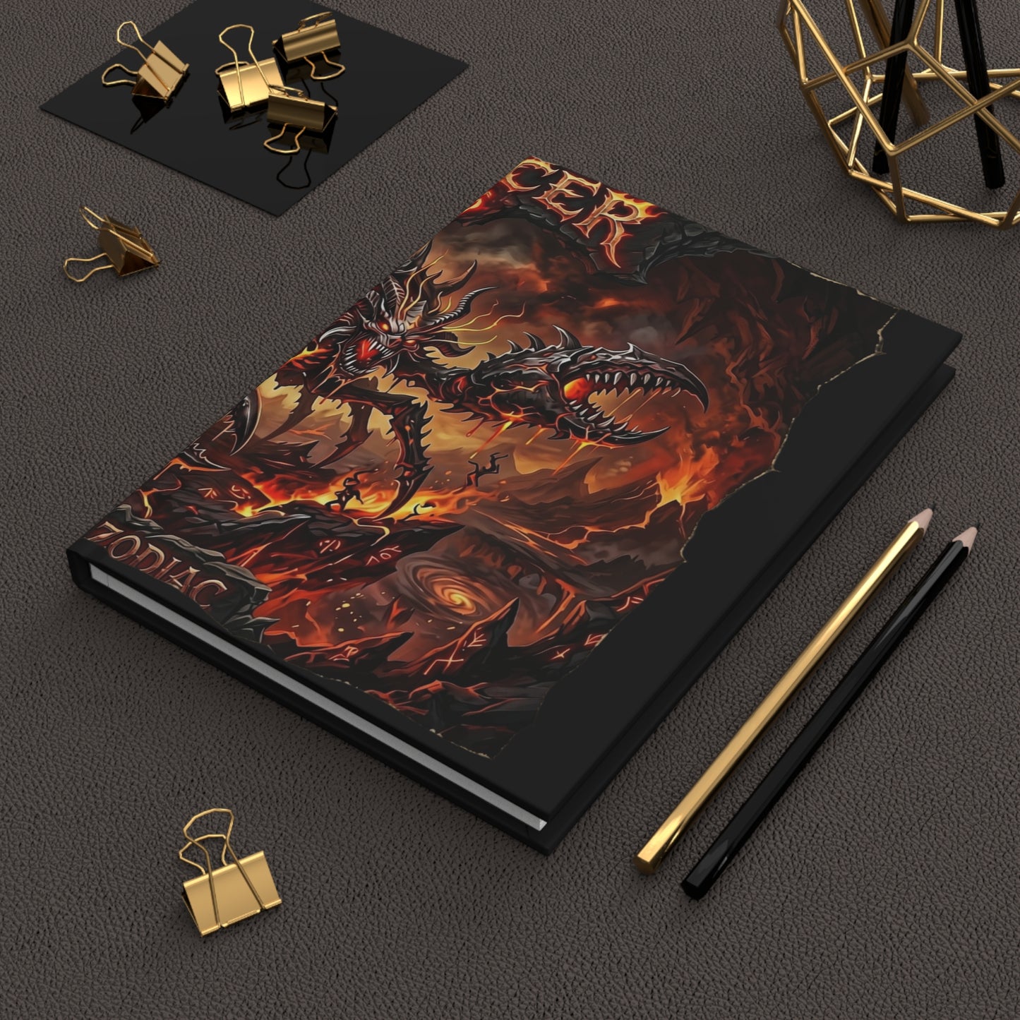 Demonic Cancer Hardcover Journal — Fiery Metal Art Lined Notebook (Cancer Zodiac)