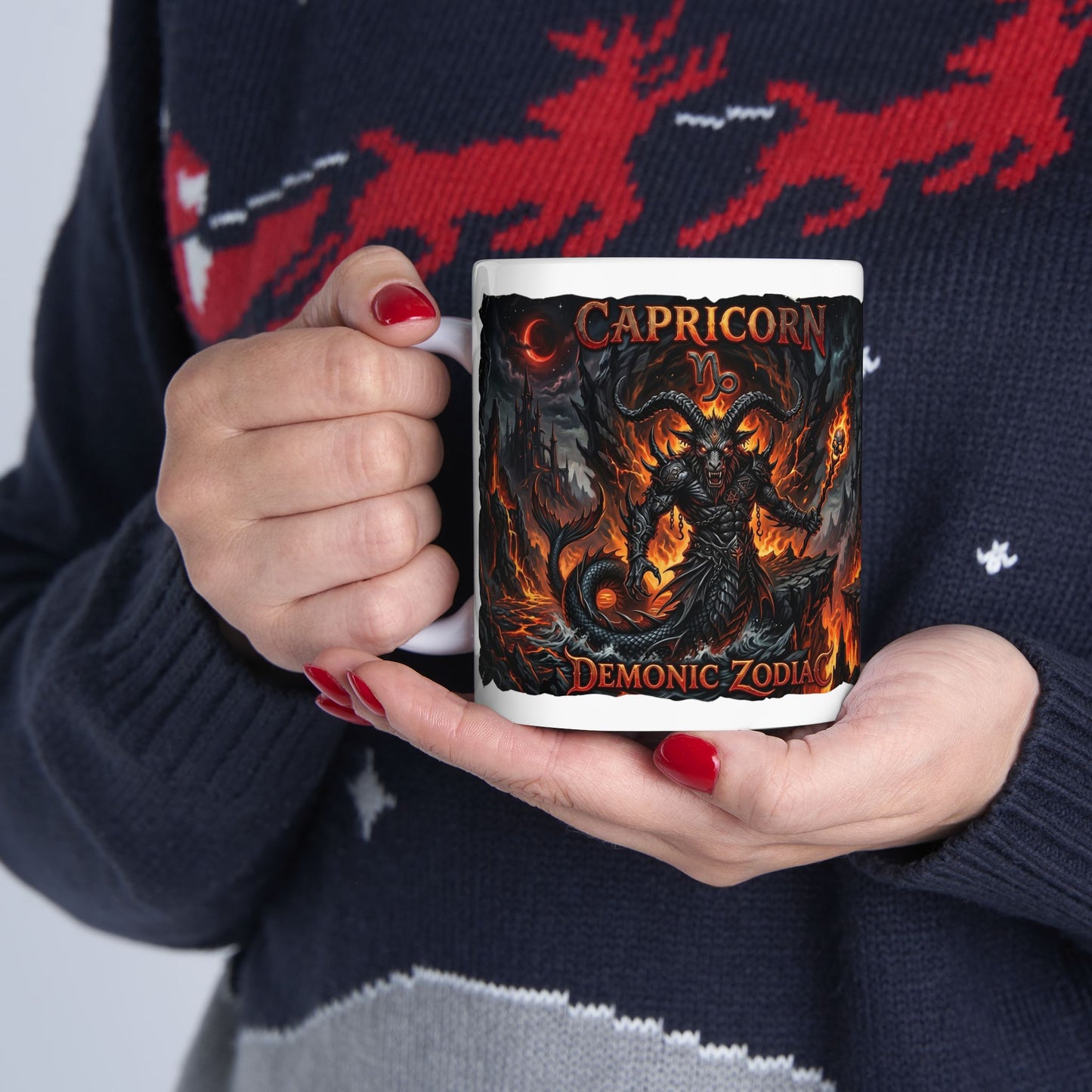 Capricorn Demon Zodiac Ceramic Mug — Fiery Gothic Astrology Coffee Cup (11oz/15oz)