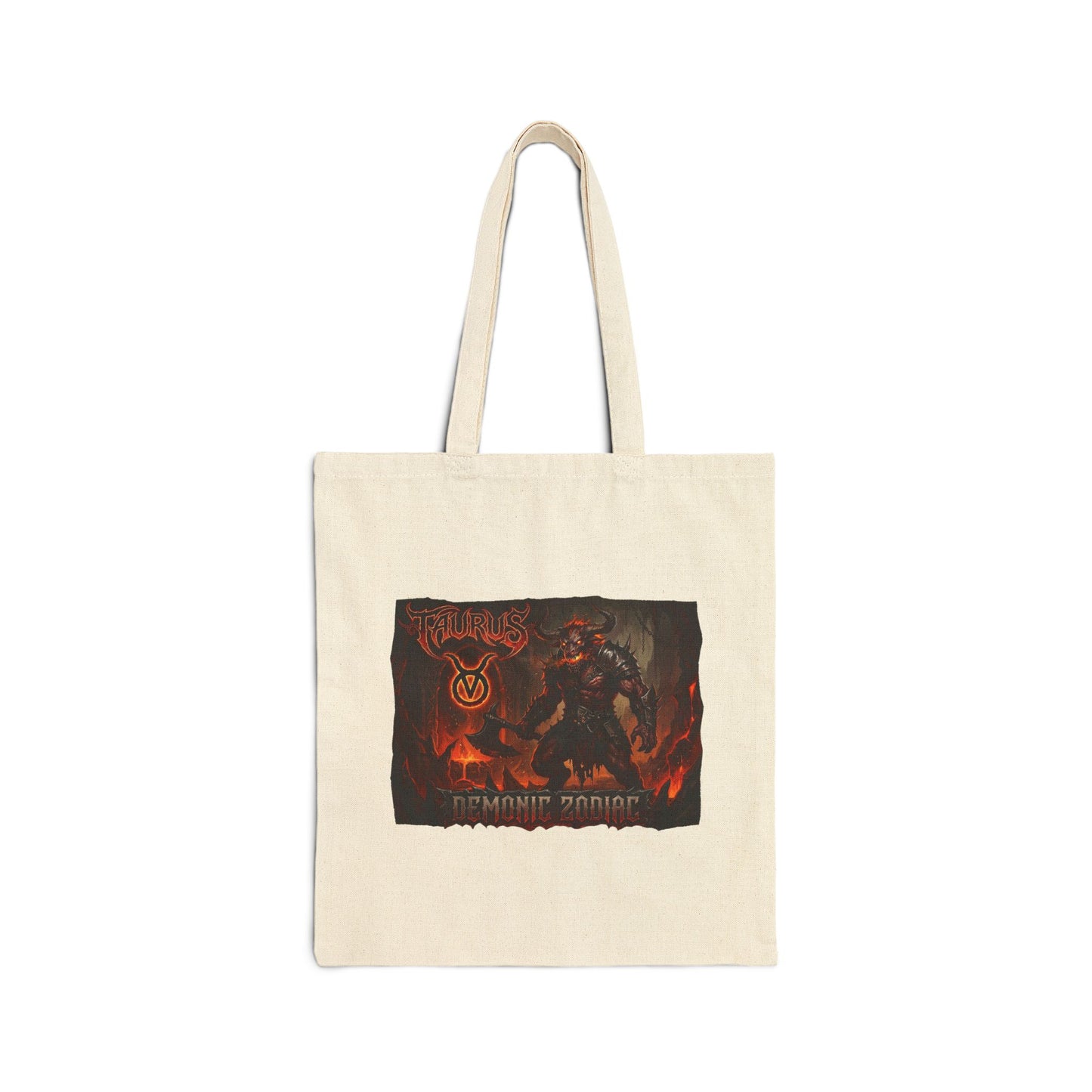Demonic Taurus Zodiac Warrior Graphic Tote Bag - Gothic Fantasy Canvas Book & Grocery Tote
