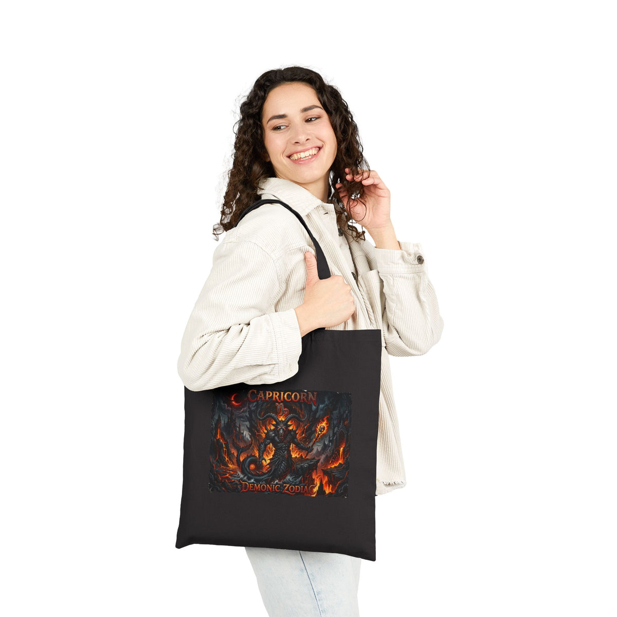Demonic Capricorn Zodiac Tote Bag — Dark Fantasy 'Inferno' Canvas Tote with Demon Artwork