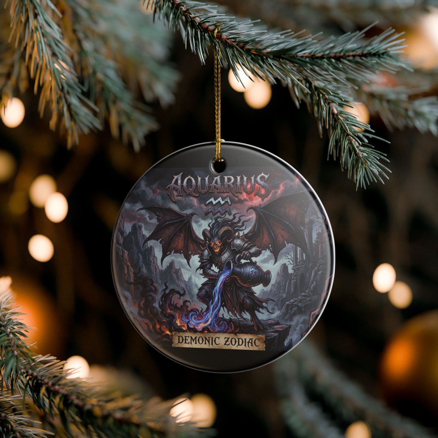 Aquarius Demonic Zodiac Ceramic Ornament — Gothic Astrology Holiday Decoration