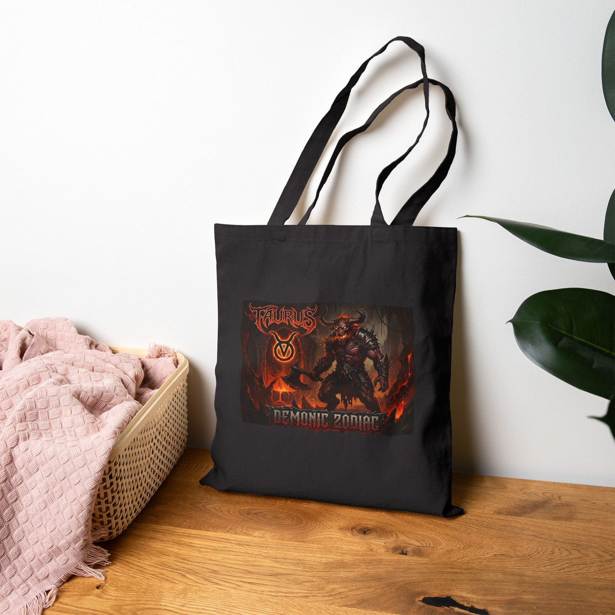 Demonic Taurus Zodiac Warrior Graphic Tote Bag - Gothic Fantasy Canvas Book & Grocery Tote