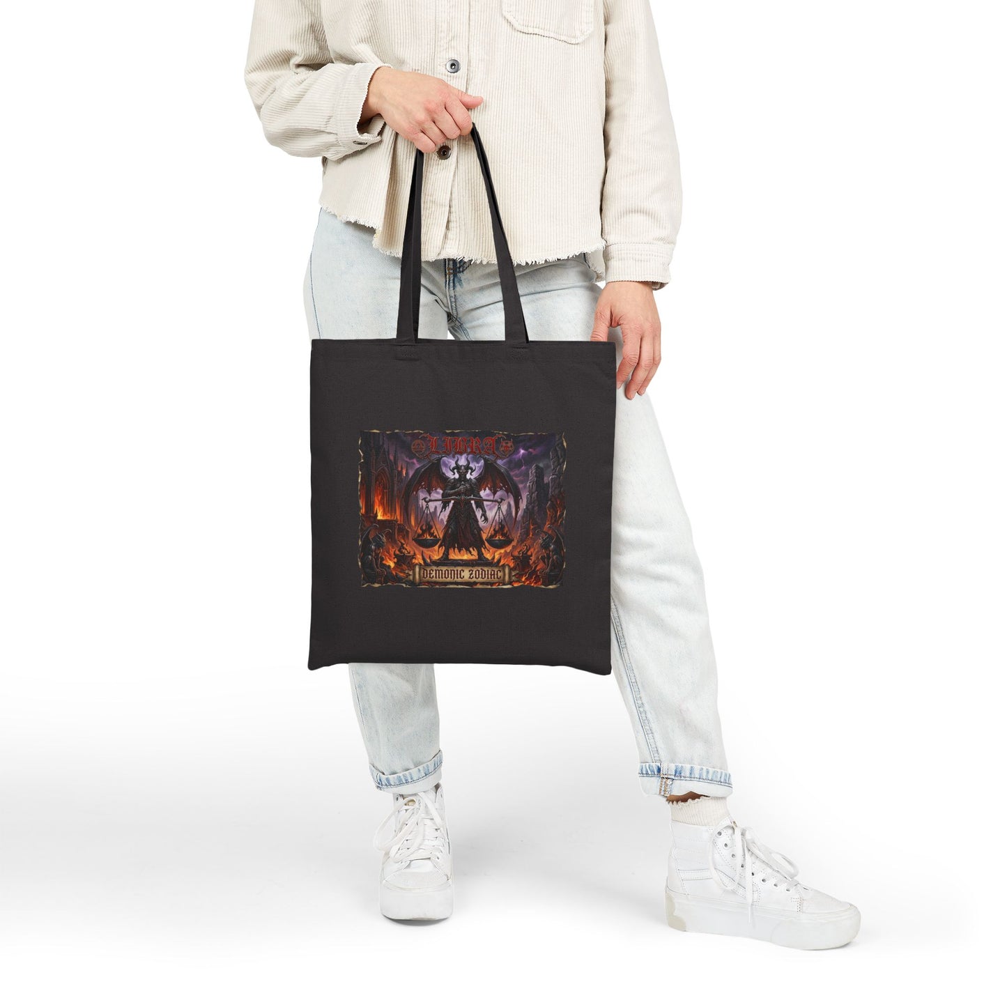 Demonic Libra Zodiac Tote Bag – Heavy Metal Horror Canvas Shopper