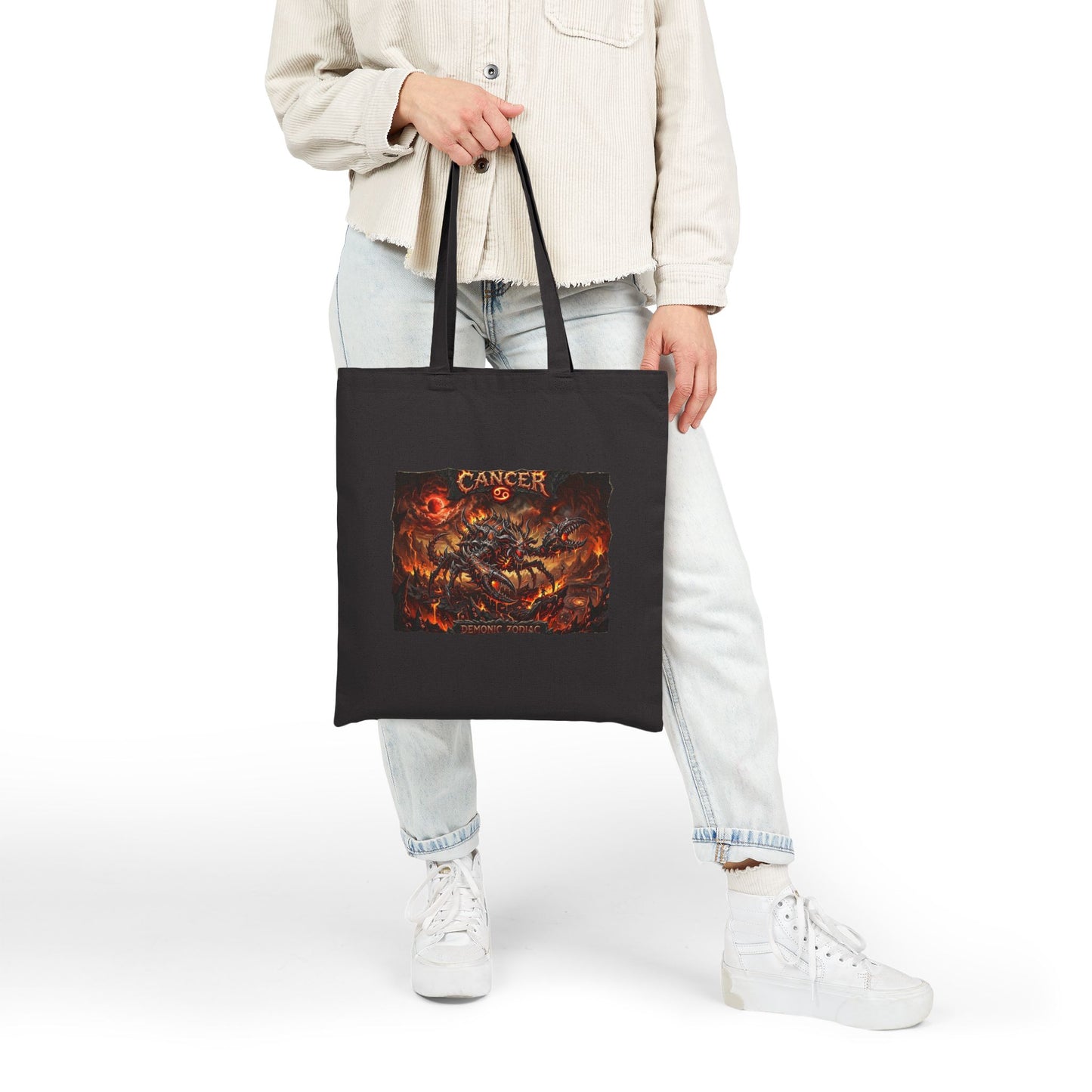 Demonic Cancer Zodiac Tote Bag — Dark Fantasy Canvas Tote for Goth/Alternative Fans