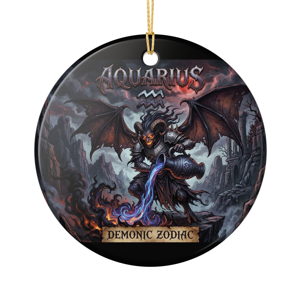 Aquarius Demonic Zodiac Ceramic Ornament — Gothic Astrology Holiday Decoration