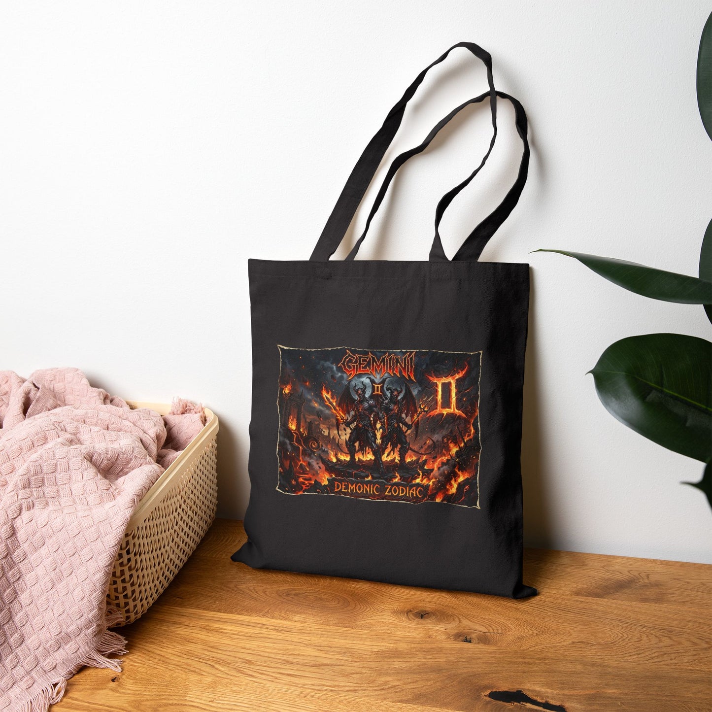 Demonic Gemini Zodiac Canvas Tote Bag — Dark Metal Flames Design