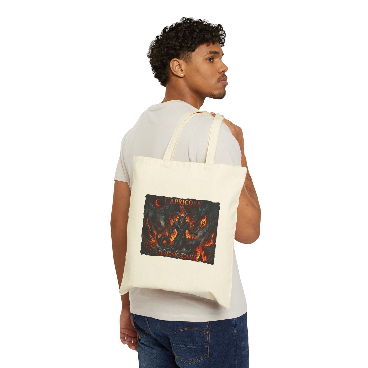 Demonic Capricorn Zodiac Tote Bag — Dark Fantasy 'Inferno' Canvas Tote with Demon Artwork