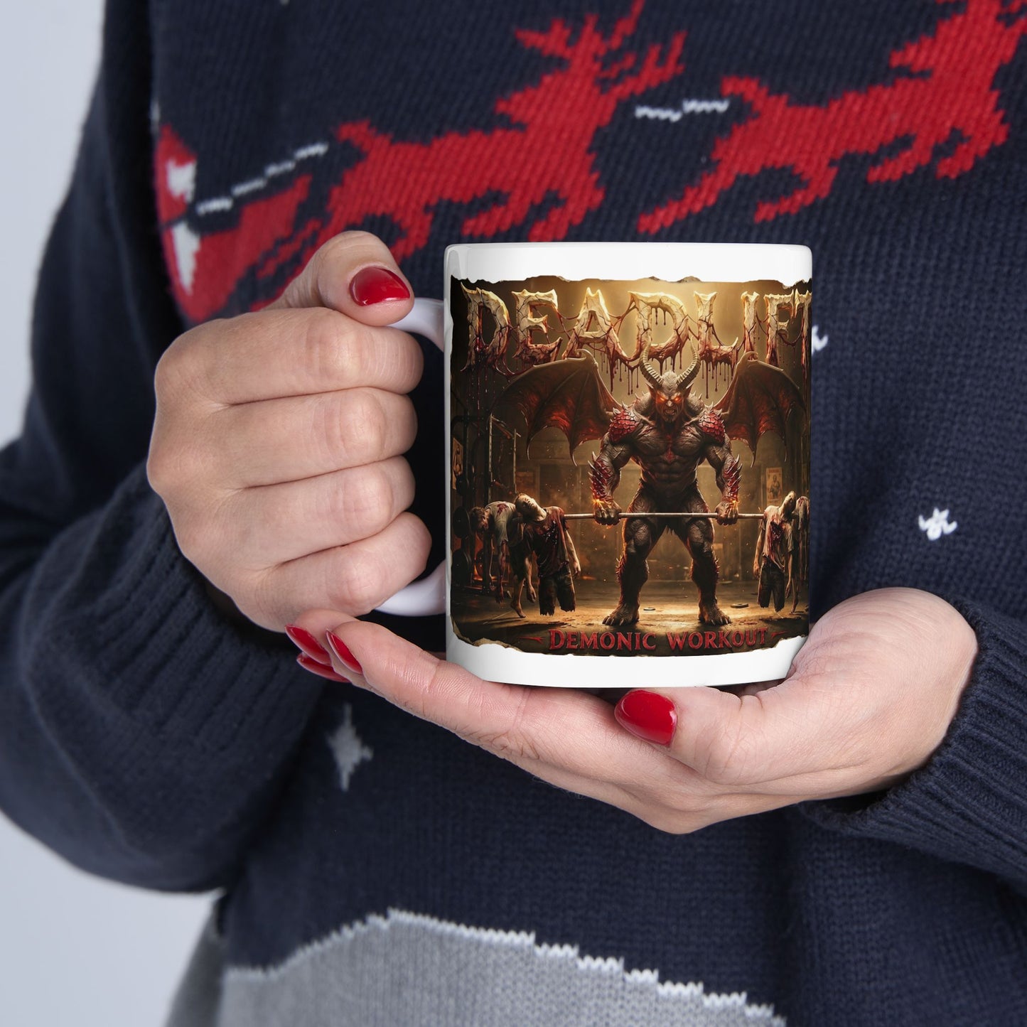 Demonic Workout Ceramic Mug – "Dead lift" Horror Coffee Cup (11oz, 15oz)