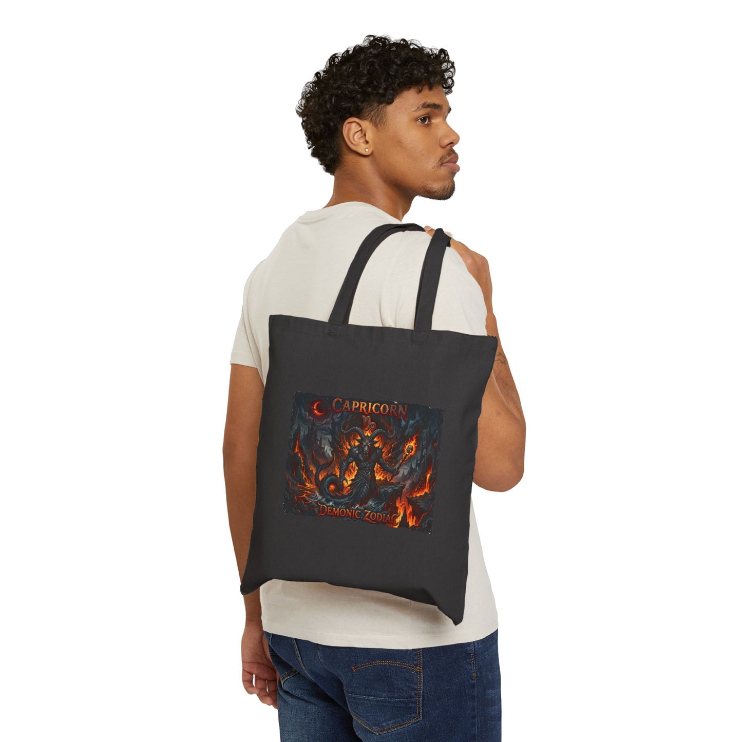 Demonic Capricorn Zodiac Tote Bag — Dark Fantasy 'Inferno' Canvas Tote with Demon Artwork