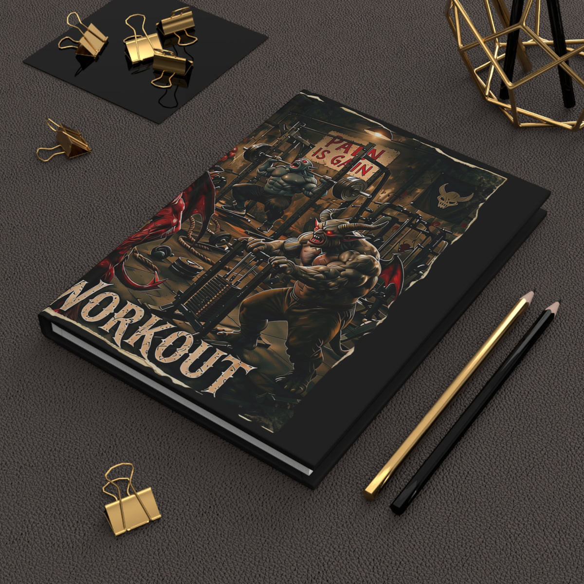 Demonic Gym Workout Hardcover Journal — 'Pain Is Gain' Fitness Notebook