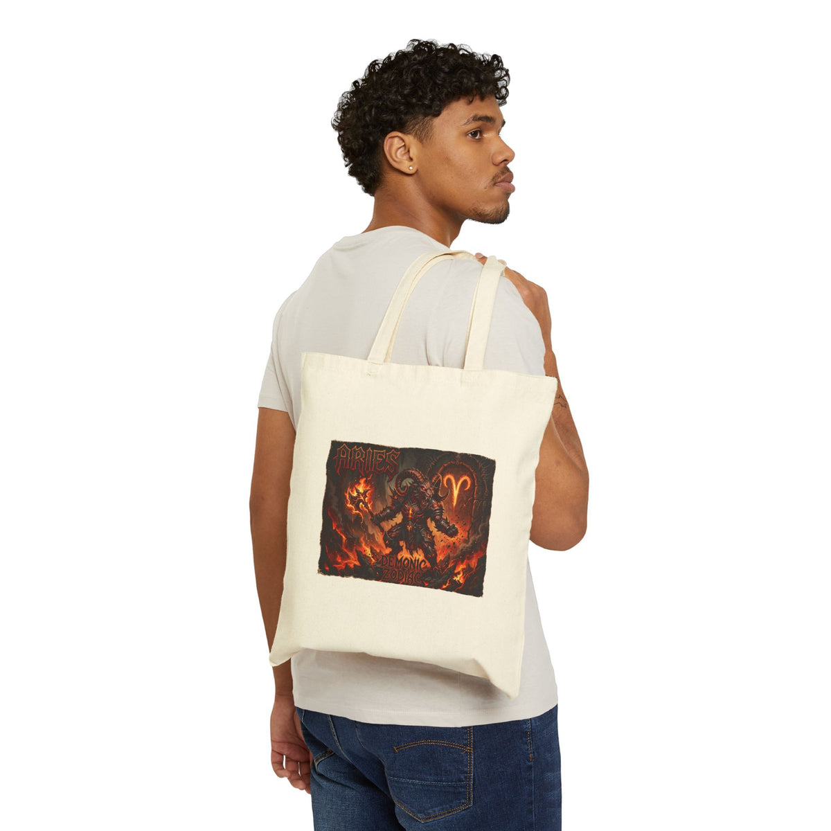 Demonic Aries Zodiac Canvas Tote Bag — Zodiac Fire Sign Gothic Tote