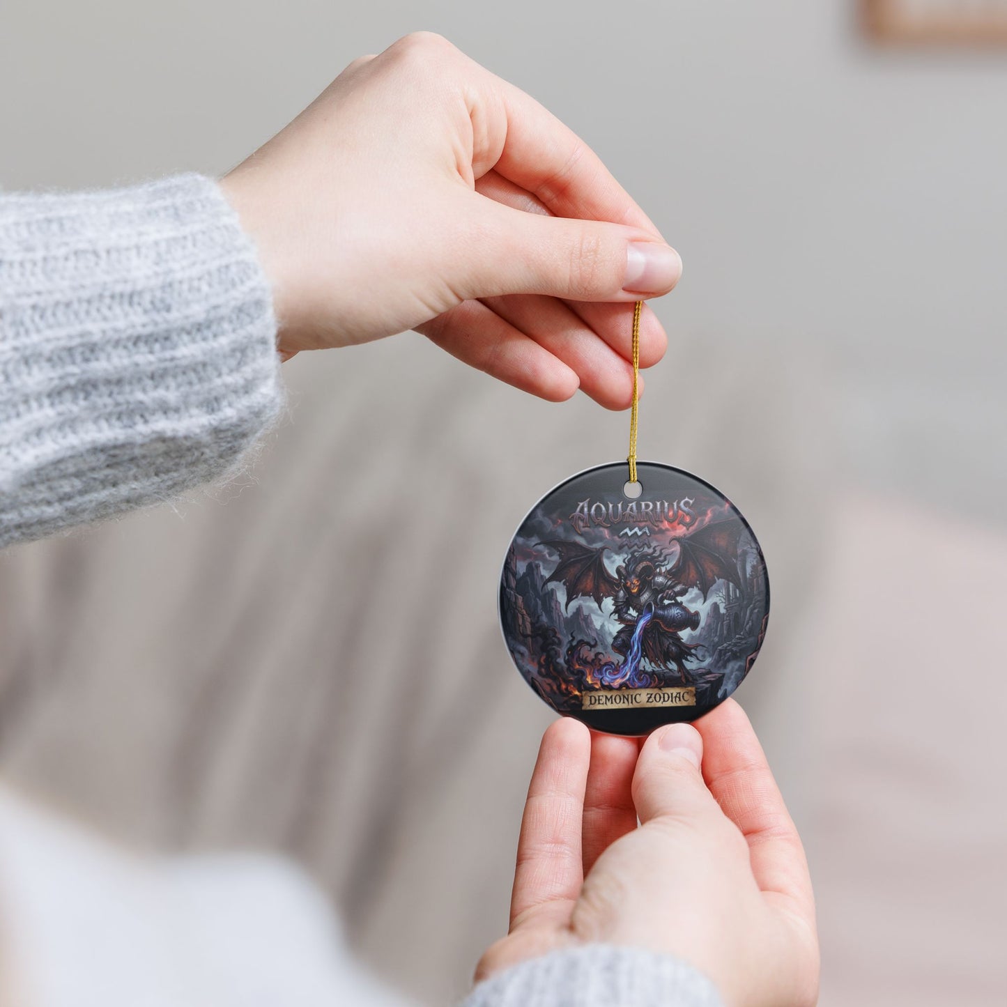 Aquarius Demonic Zodiac Ceramic Ornament — Gothic Astrology Holiday Decoration