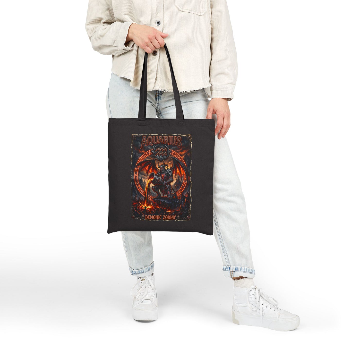 Demonic Aquarius Zodiac Tote Bag — Fiery Astrological Canvas Grocery/Everyday Bag