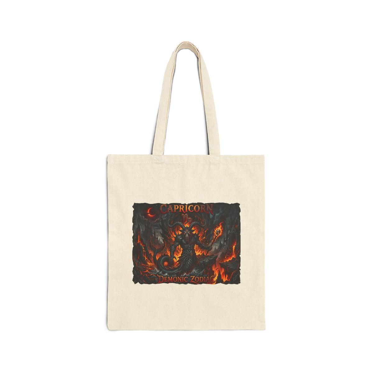 Demonic Capricorn Zodiac Tote Bag — Dark Fantasy 'Inferno' Canvas Tote with Demon Artwork