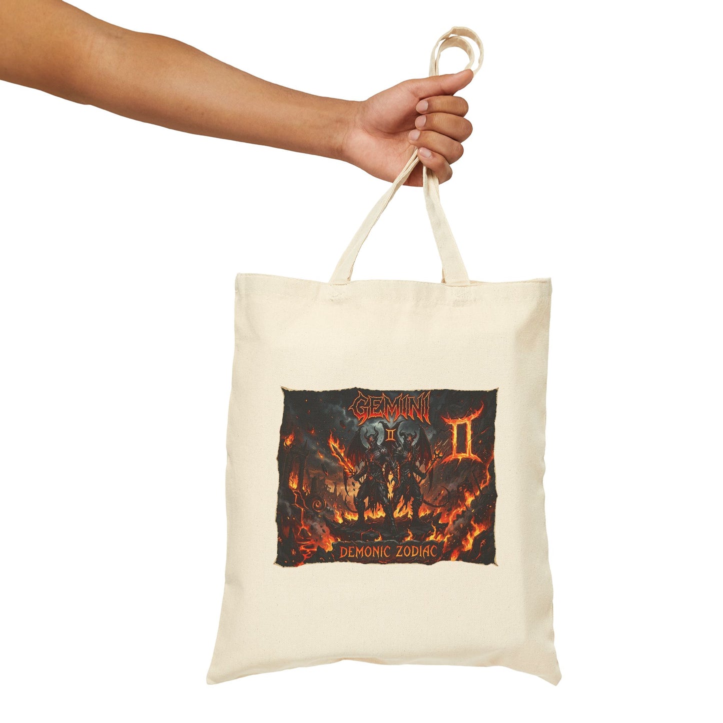 Demonic Gemini Zodiac Canvas Tote Bag — Dark Metal Flames Design