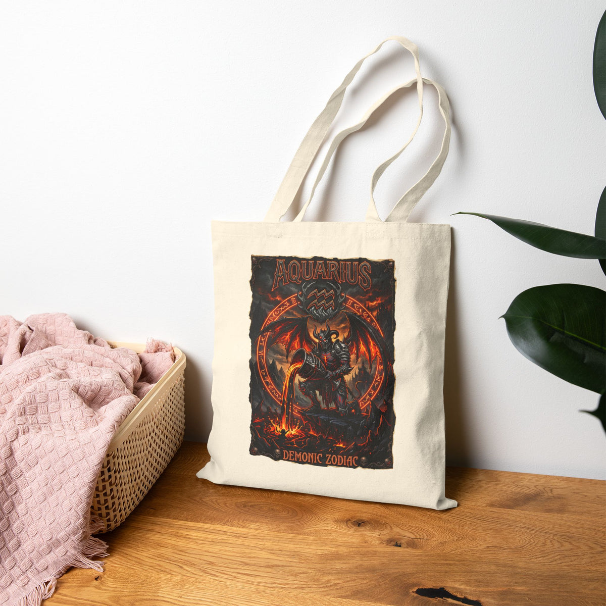 Demonic Aquarius Zodiac Tote Bag — Fiery Astrological Canvas Grocery/Everyday Bag