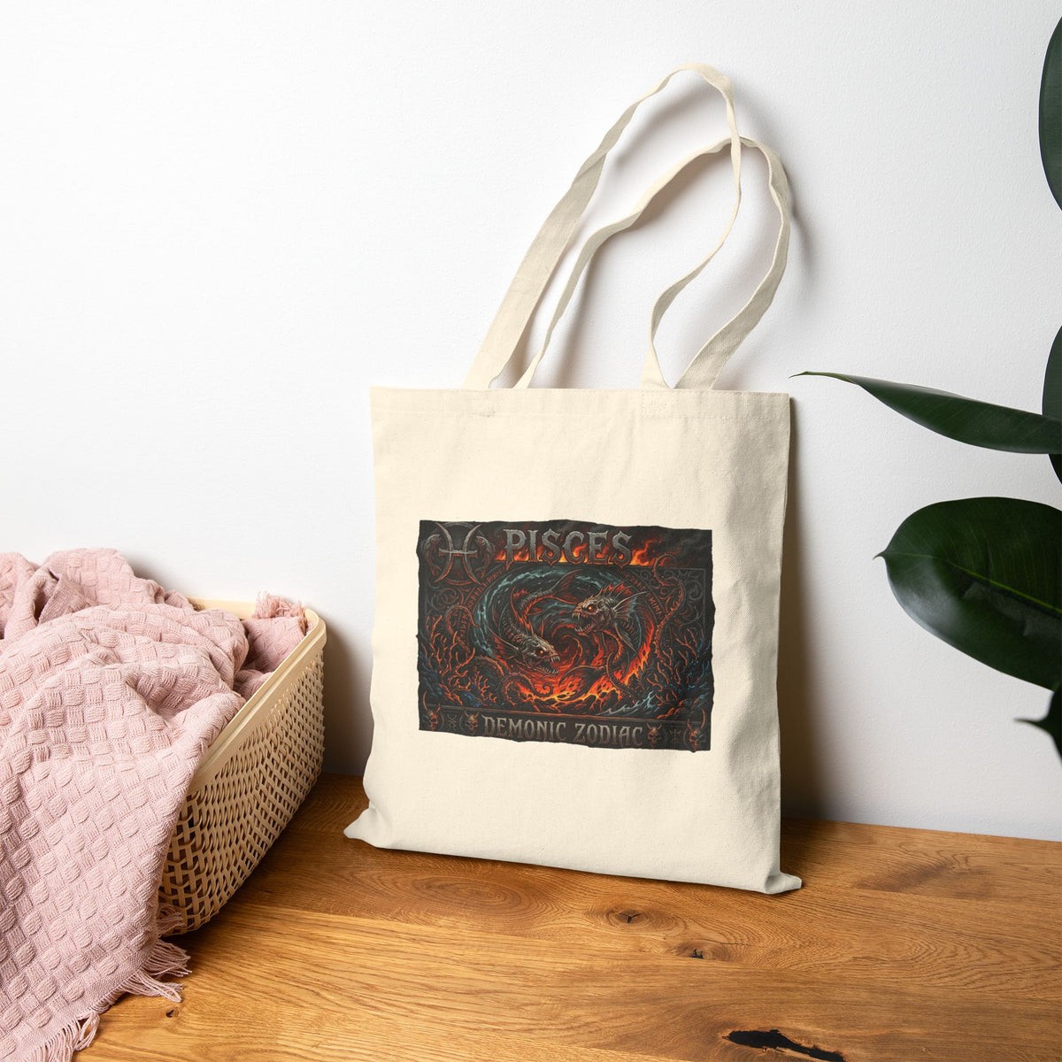 Demonic Pisces Zodiac Canvas Tote Bag — Dark Fantasy Pisces Art  Eco Shopper