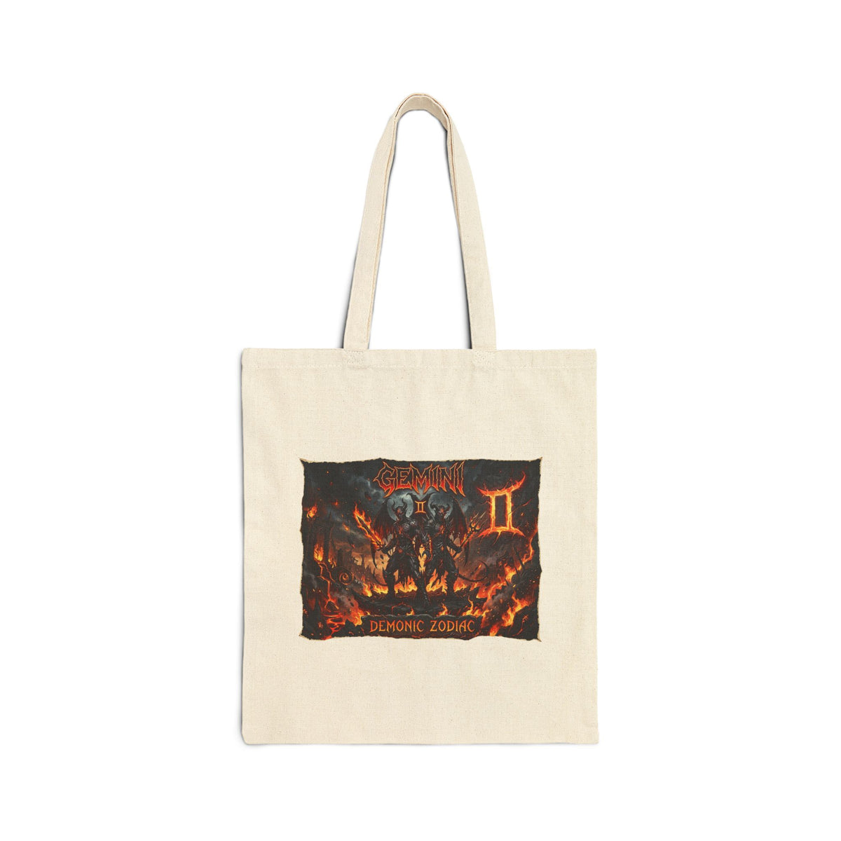 Demonic Gemini Zodiac Canvas Tote Bag — Dark Metal Flames Design