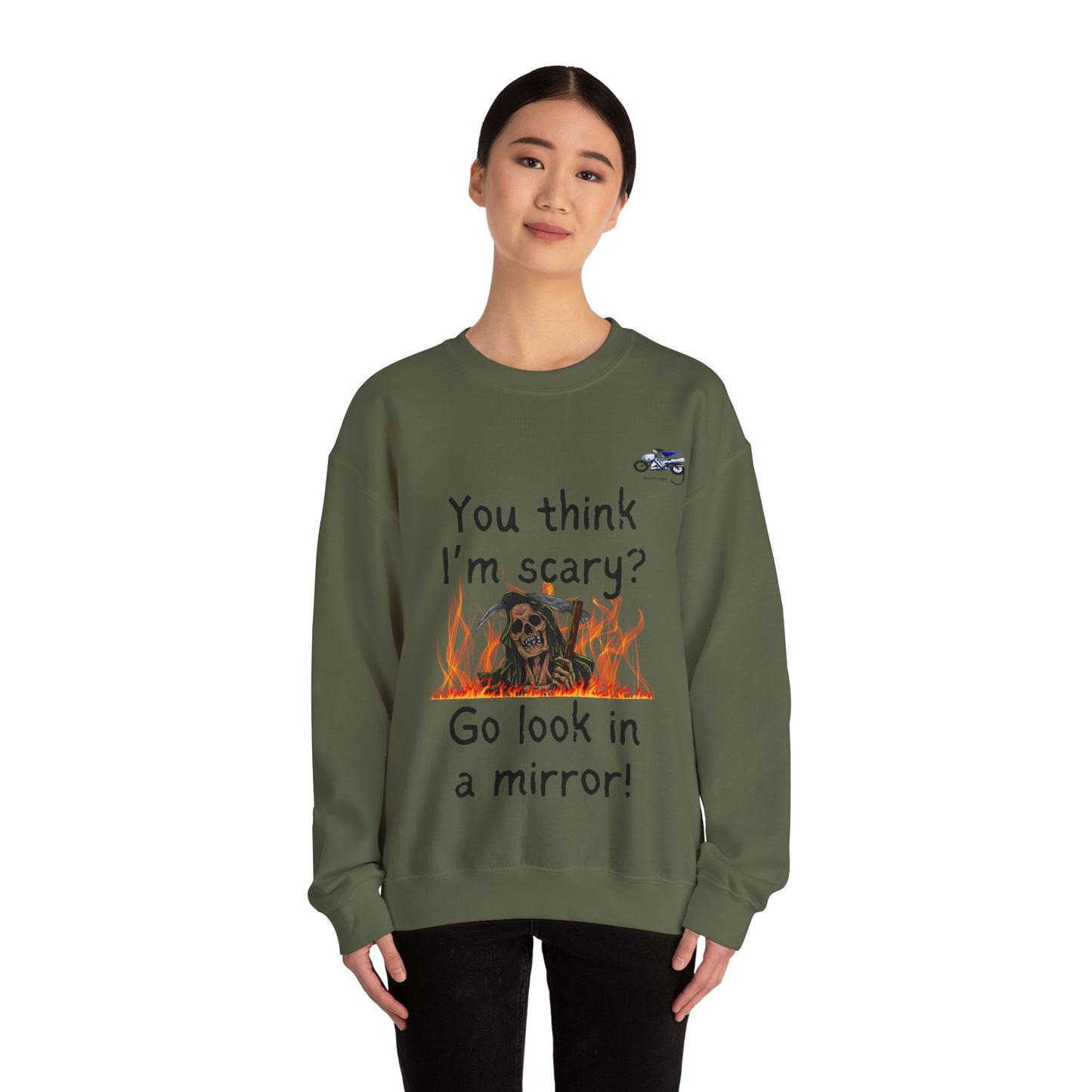 Funny Halloween Crewneck Sweatshirt - 'You Think I'm Scary? Go Look in a Mirror!'