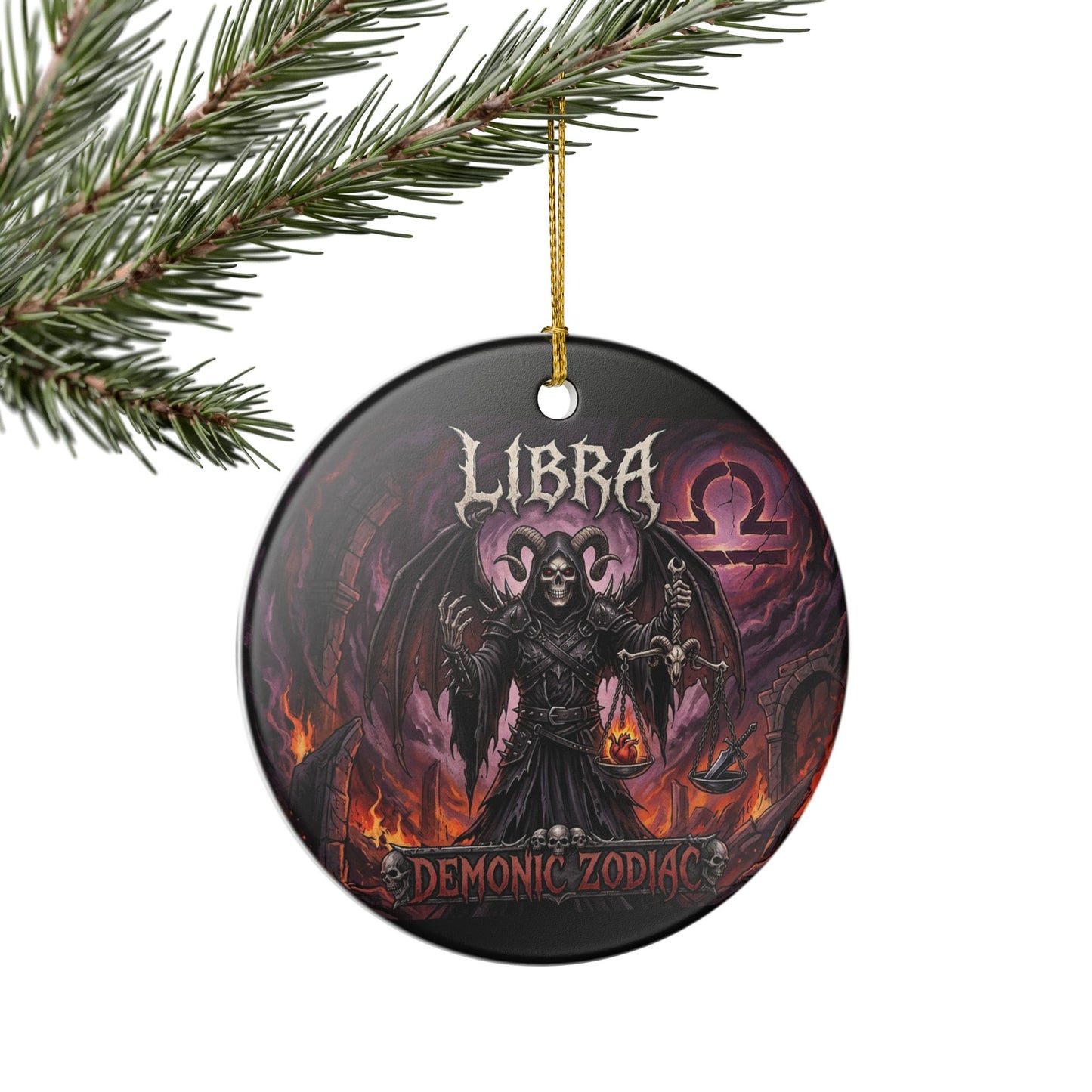 Libra Demonic Zodiac Ceramic Ornament – Gothic Scales Grim Reaper Holiday Decoration