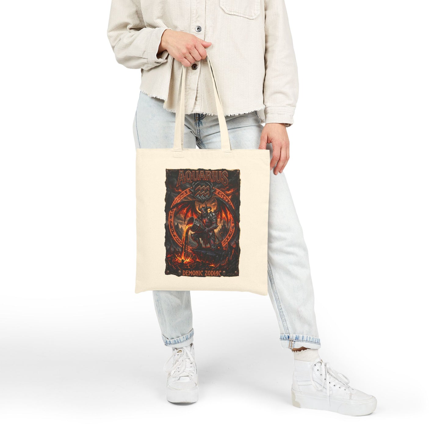 Demonic Aquarius Zodiac Tote Bag — Fiery Astrological Canvas Grocery/Everyday Bag