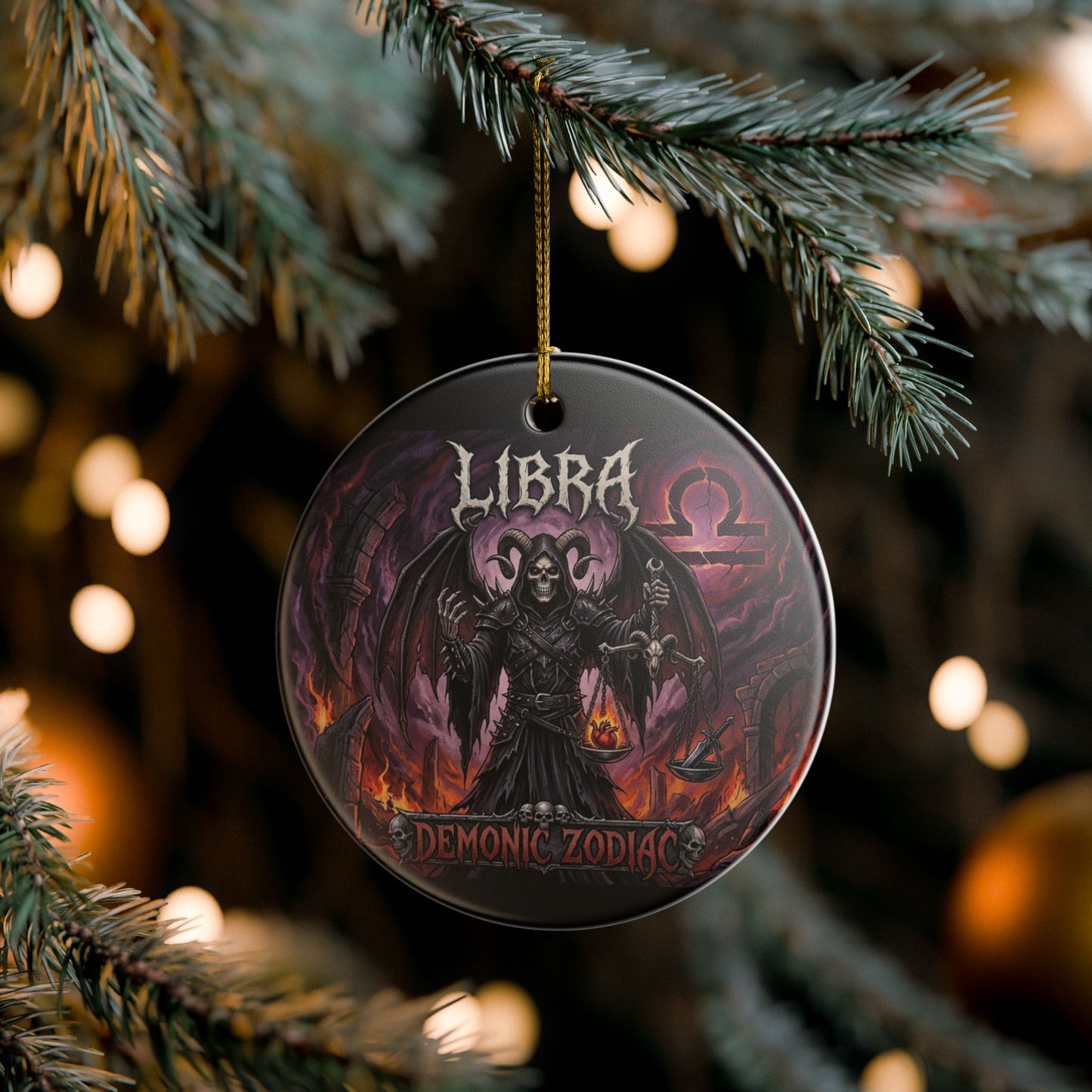 Libra Demonic Zodiac Ceramic Ornament – Gothic Scales Grim Reaper Holiday Decoration