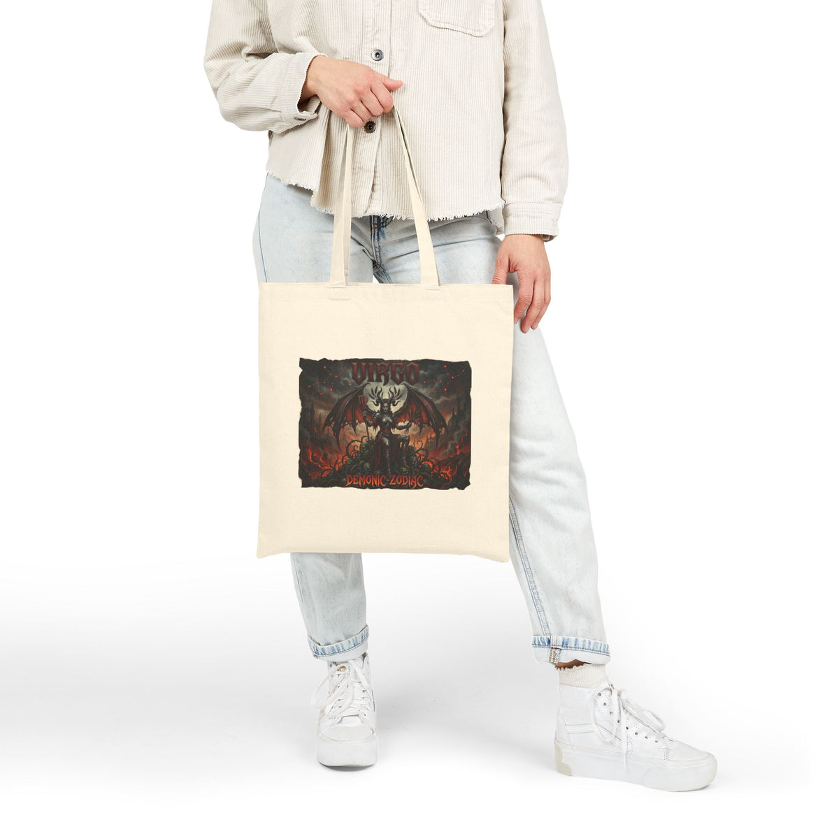 Demonic Zodiac Virgo Artwork Cotton Tote Bag — Dark Fantasy Graphic Canvas Shopper