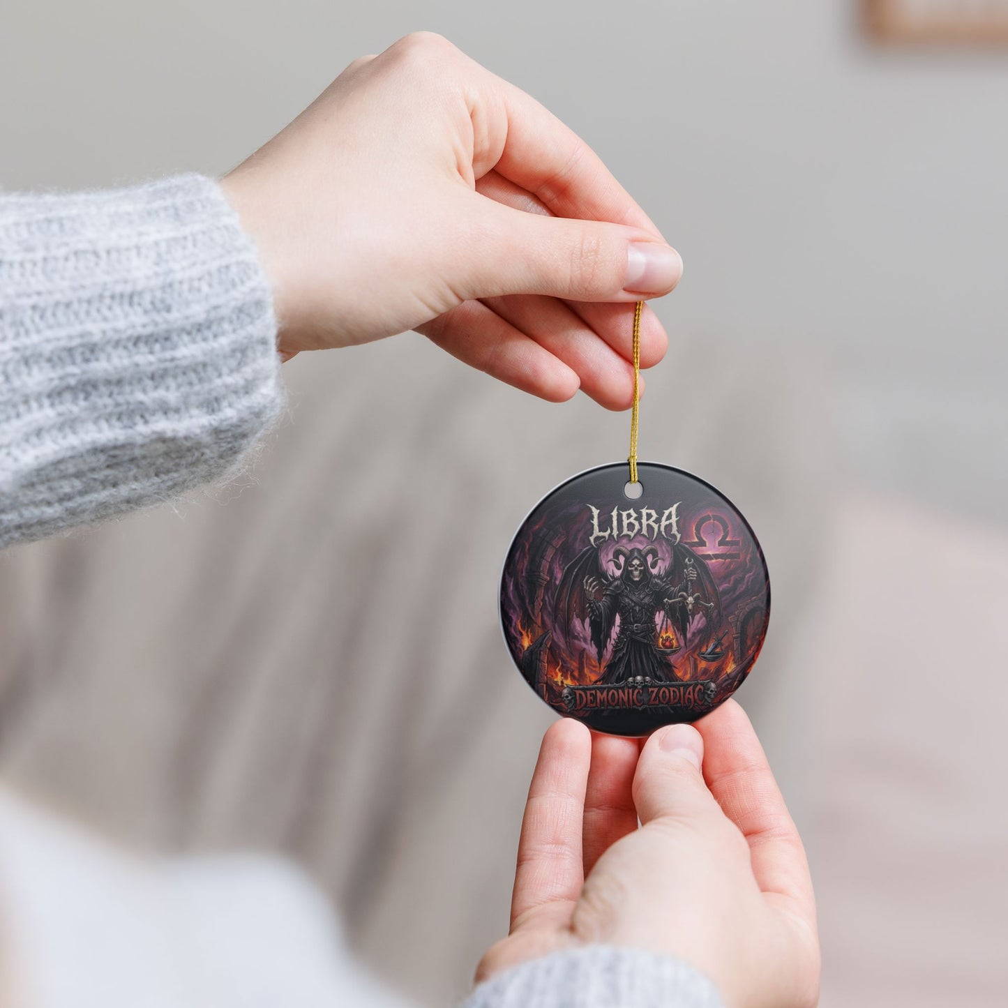 Libra Demonic Zodiac Ceramic Ornament – Gothic Scales Grim Reaper Holiday Decoration