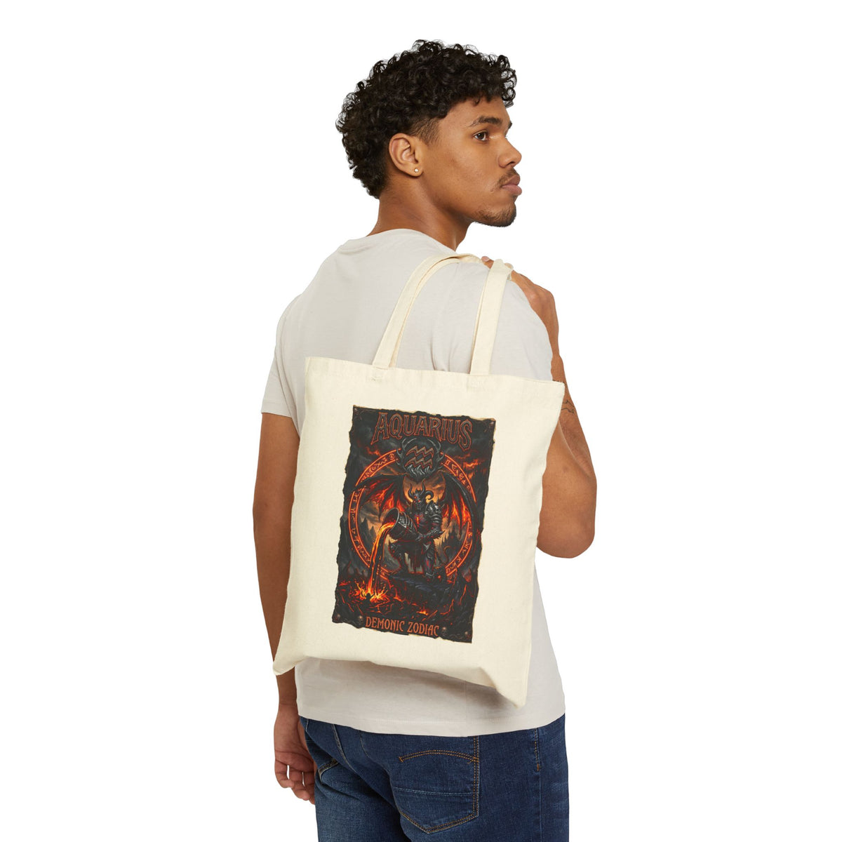 Demonic Aquarius Zodiac Tote Bag — Fiery Astrological Canvas Grocery/Everyday Bag