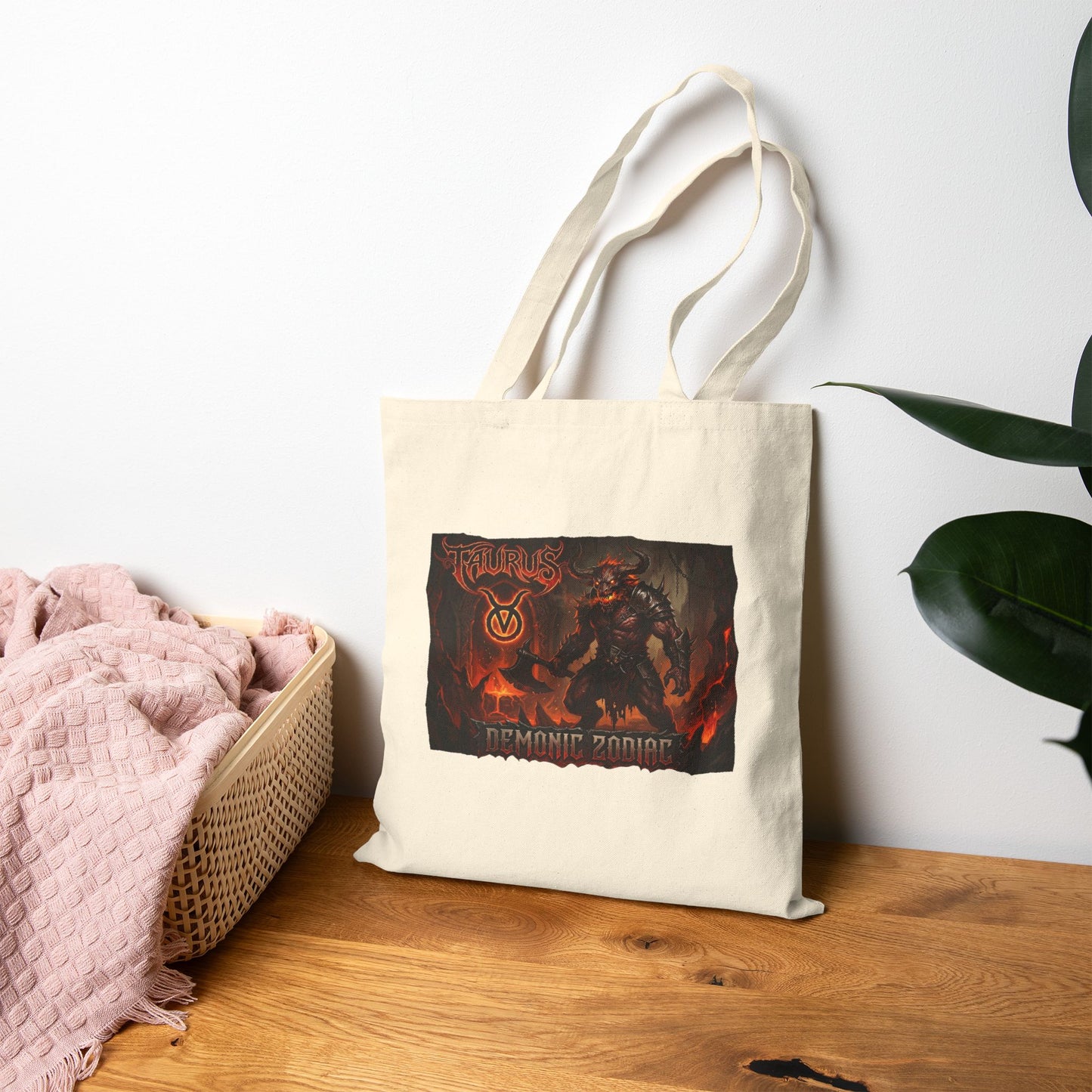 Demonic Taurus Zodiac Warrior Graphic Tote Bag - Gothic Fantasy Canvas Book & Grocery Tote