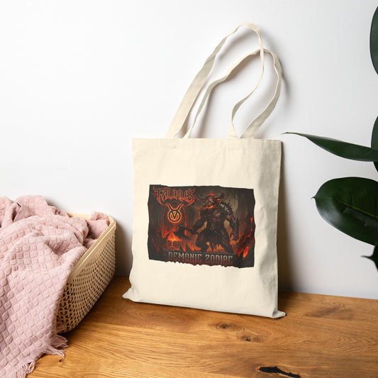 Demonic Taurus Zodiac Warrior Graphic Tote Bag - Gothic Fantasy Canvas Book & Grocery Tote