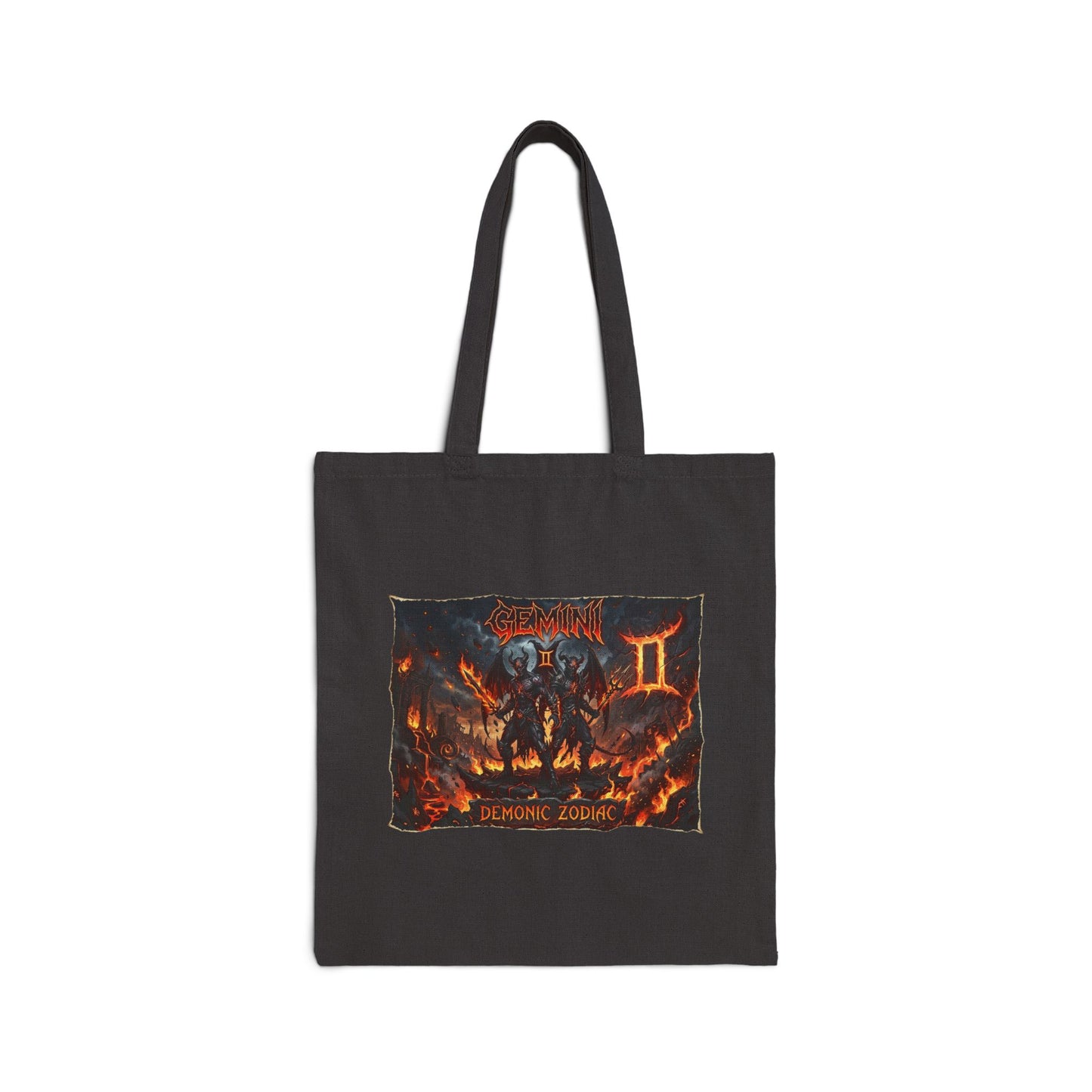 Demonic Gemini Zodiac Canvas Tote Bag — Dark Metal Flames Design