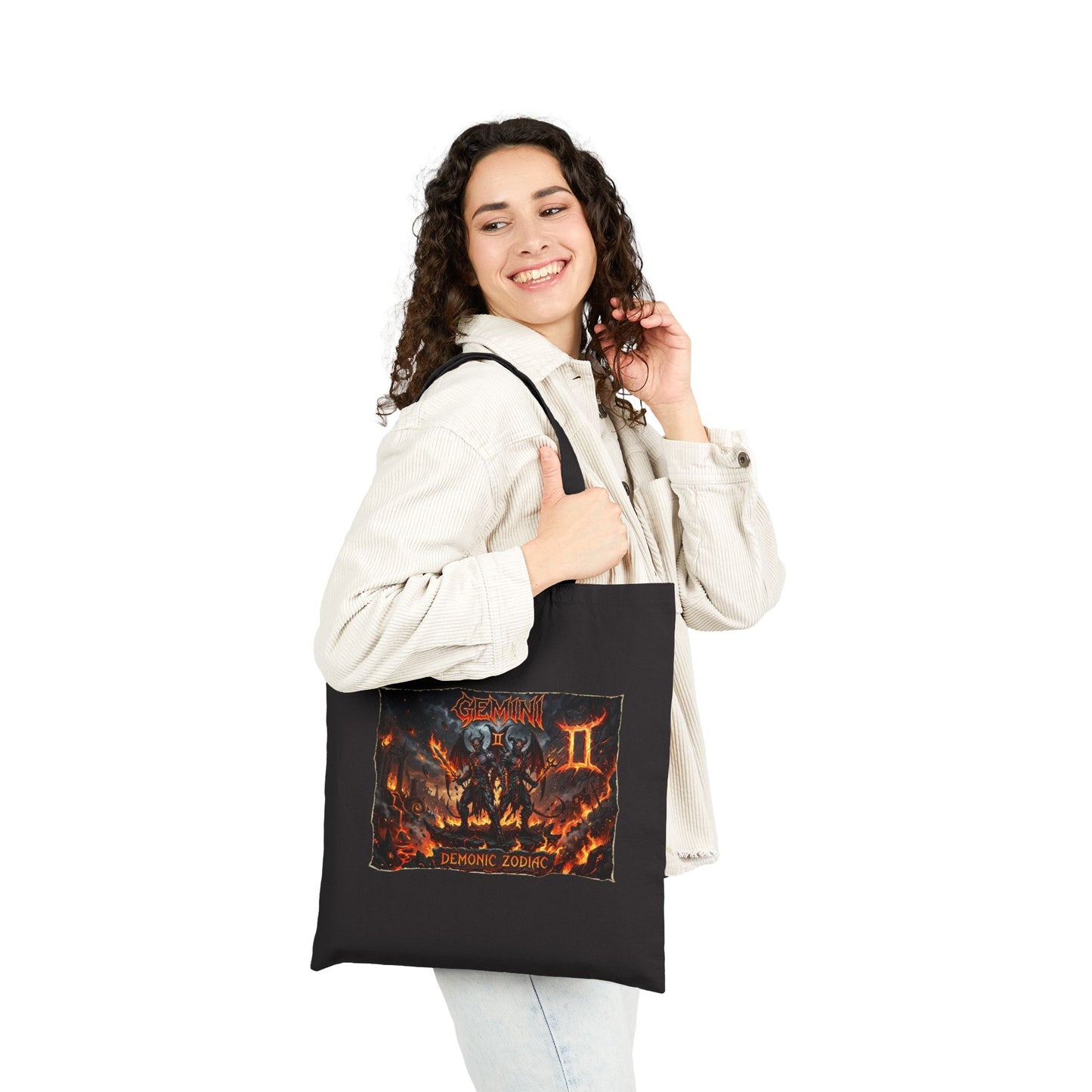 Demonic Gemini Zodiac Canvas Tote Bag — Dark Metal Flames Design