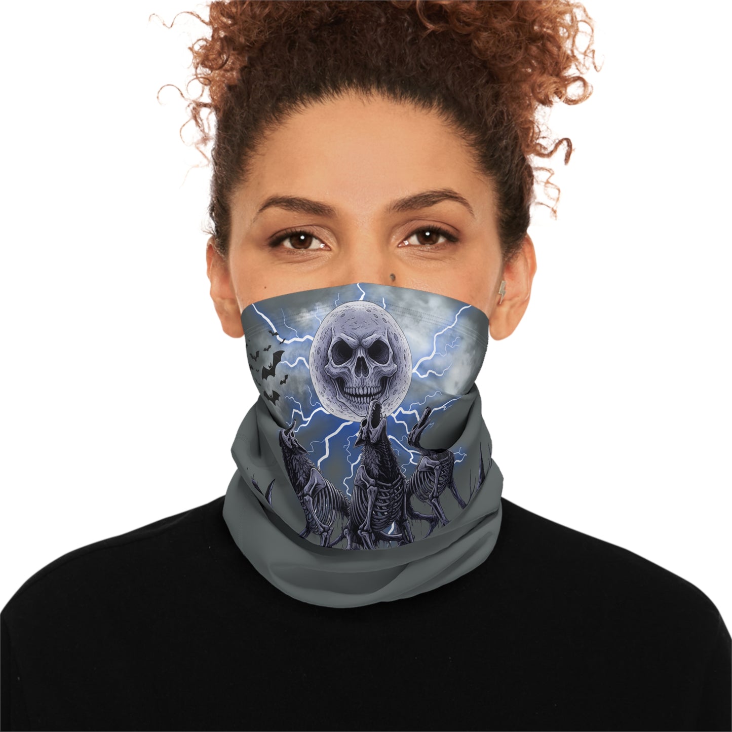 Skull Moon Wolf Neck Gaiter — Winter Face Mask with Drawstring