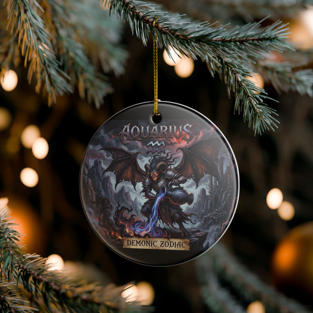 Aquarius Demonic Zodiac Ceramic Ornament — Gothic Astrology Holiday Decoration