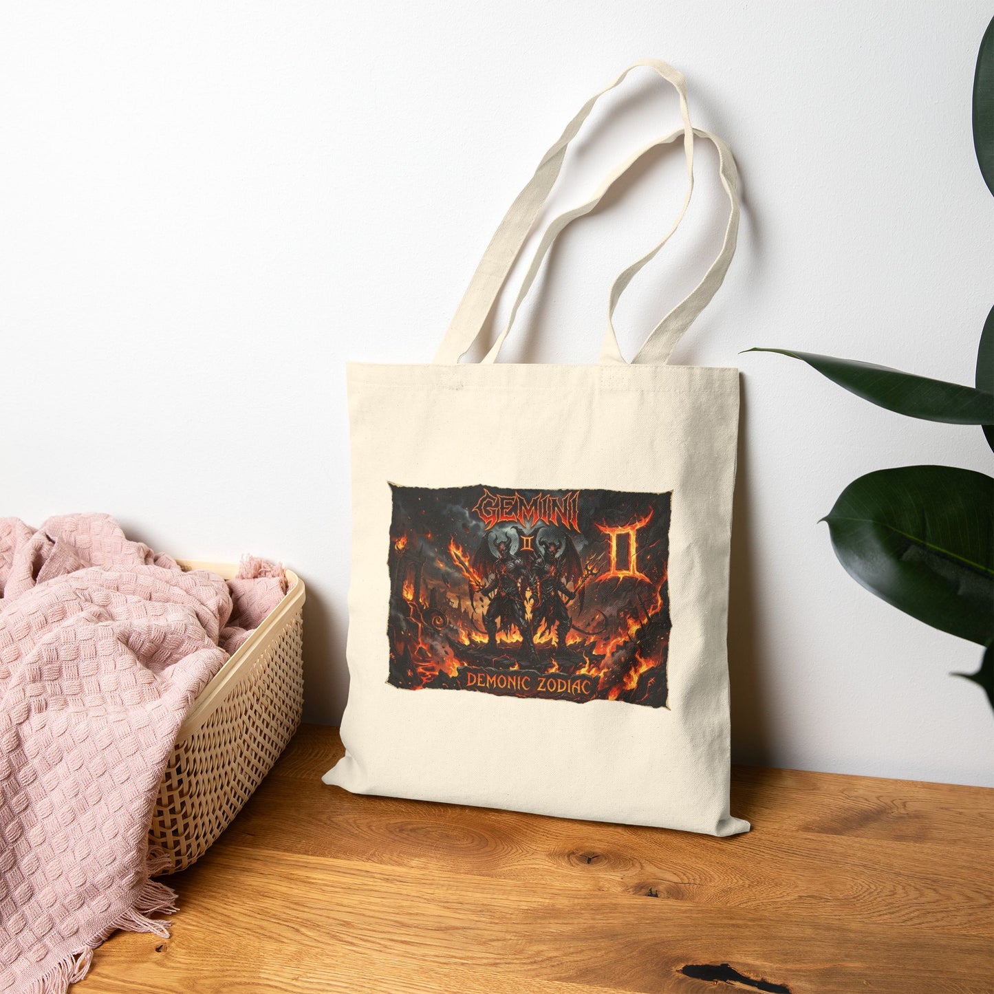 Demonic Gemini Zodiac Canvas Tote Bag — Dark Metal Flames Design