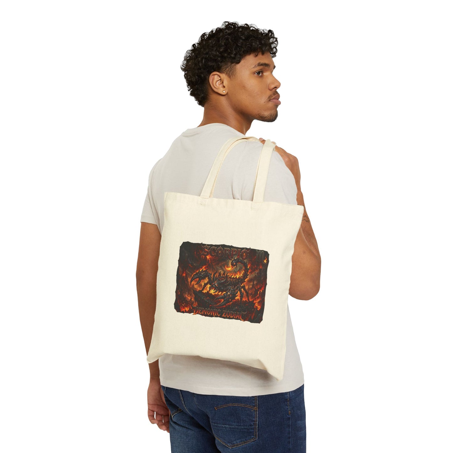 Demonic Scorpio Zodiac Canvas Tote Bag — Fiery Scorpion Collage Art Tote