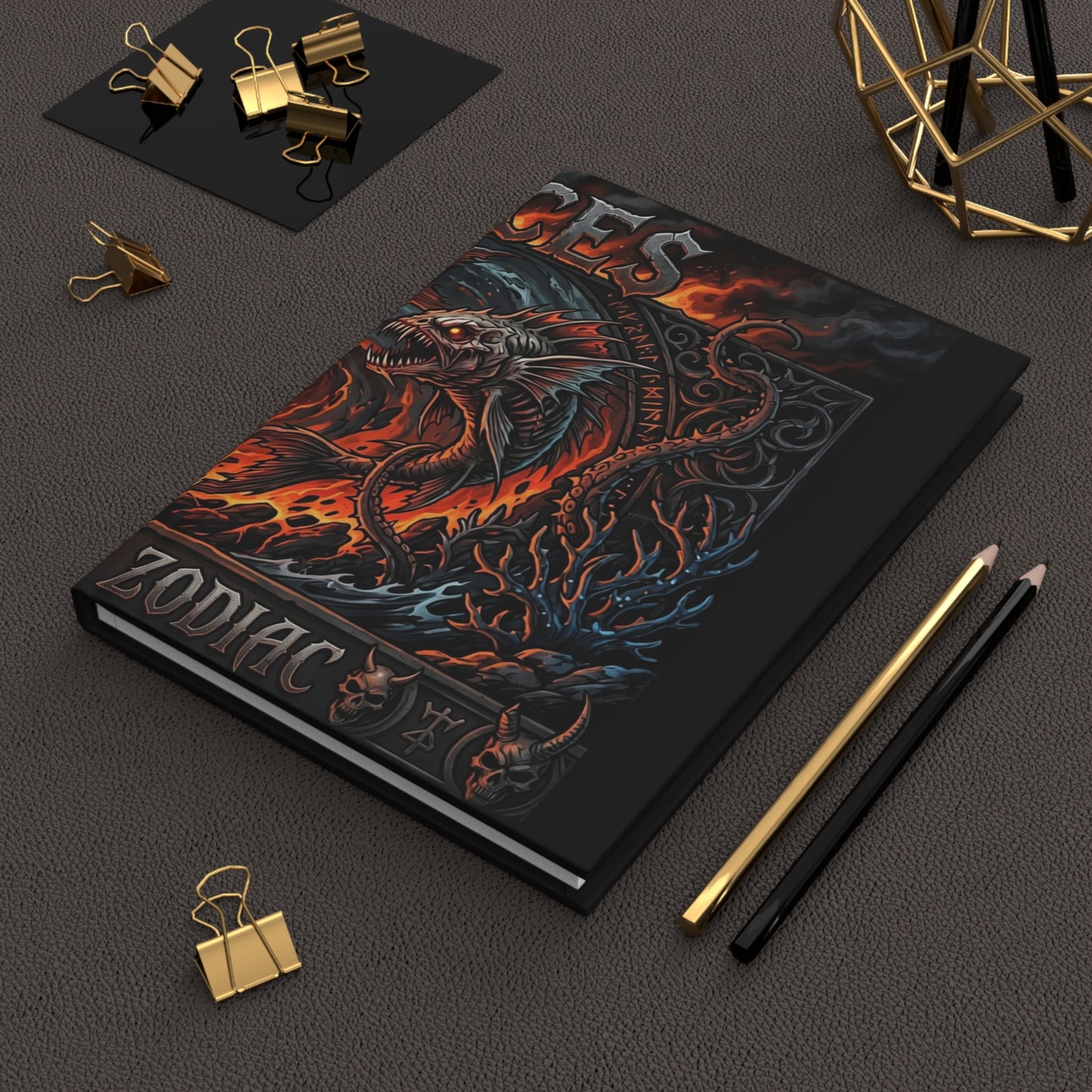 Pisces Zodiac Hardcover Journal — Fiery Mythic Fish Lined Notebook