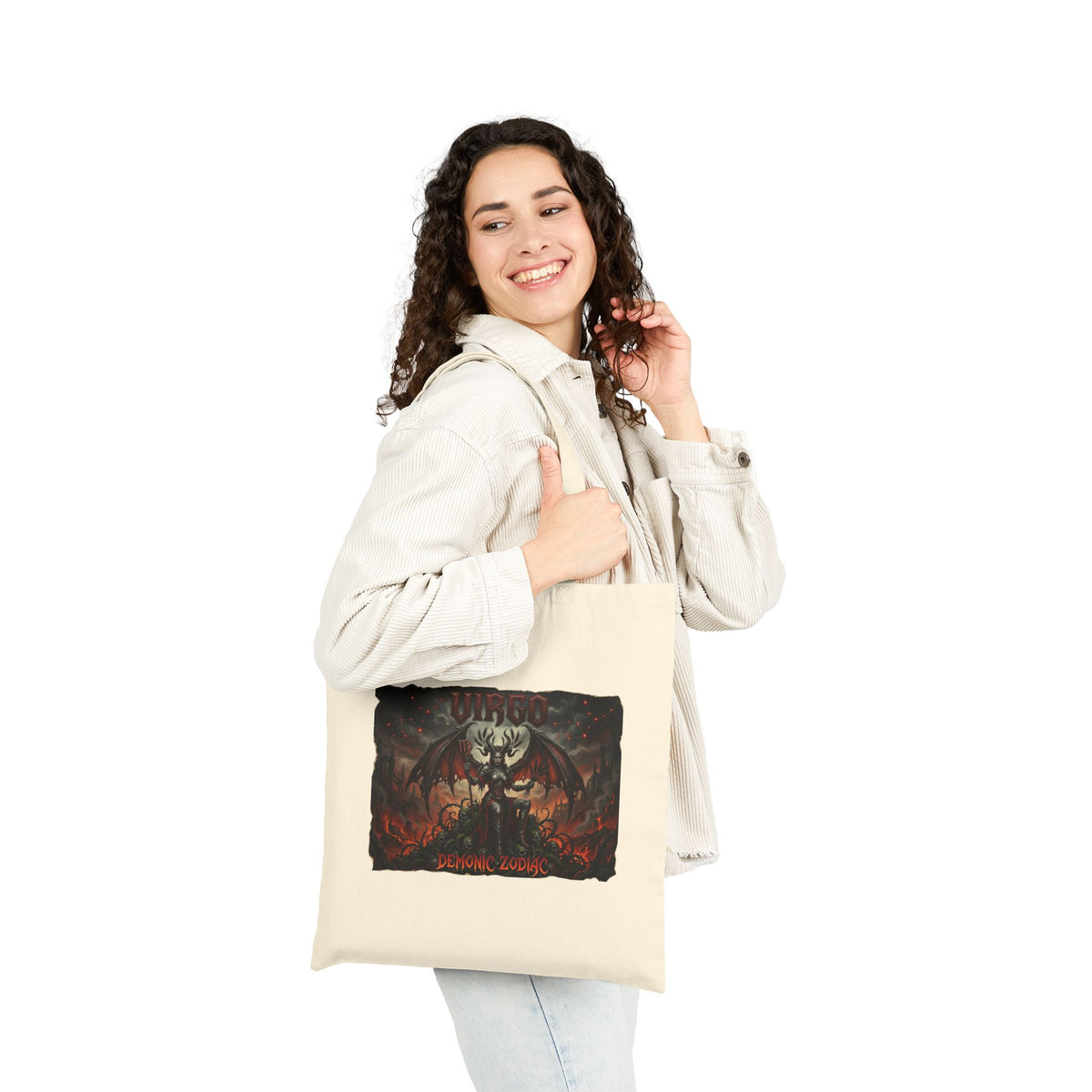 Demonic Zodiac Virgo Artwork Cotton Tote Bag — Dark Fantasy Graphic Canvas Shopper