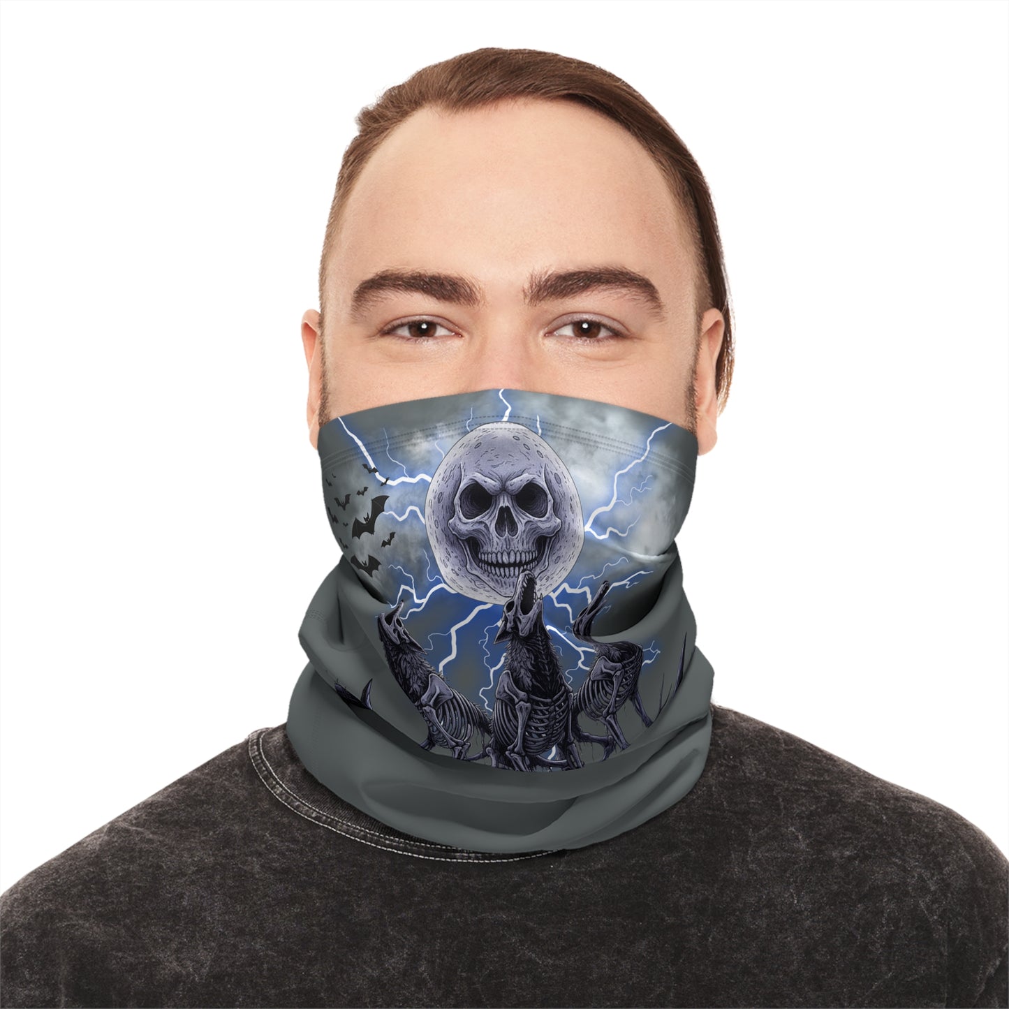 Skull Moon Wolf Neck Gaiter — Winter Face Mask with Drawstring