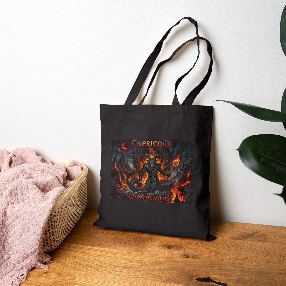 Demonic Capricorn Zodiac Tote Bag — Dark Fantasy 'Inferno' Canvas Tote with Demon Artwork