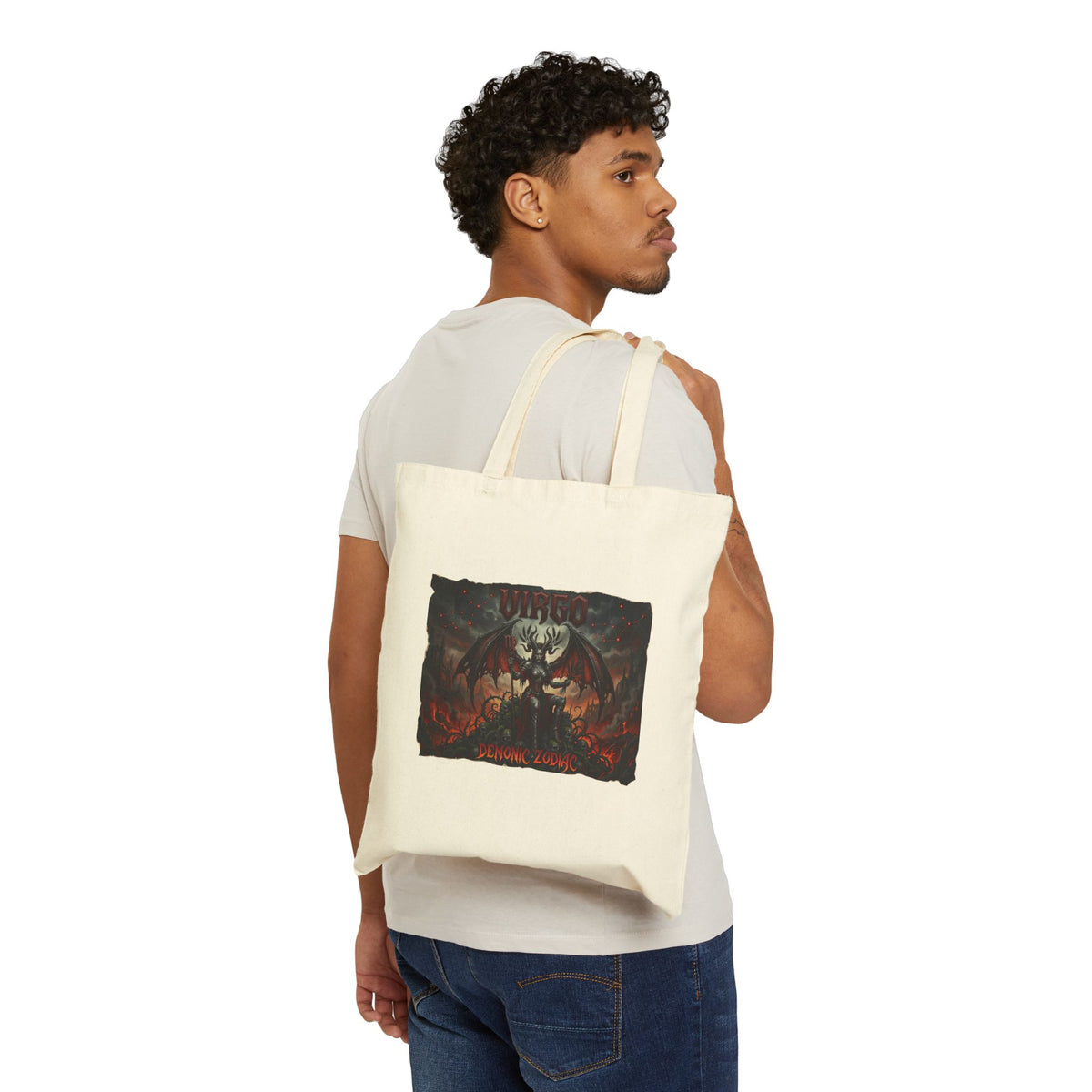 Demonic Zodiac Virgo Artwork Cotton Tote Bag — Dark Fantasy Graphic Canvas Shopper