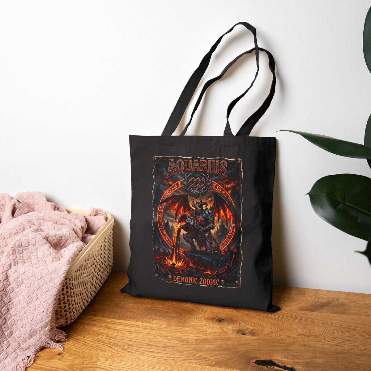 Demonic Aquarius Zodiac Tote Bag — Fiery Astrological Canvas Grocery/Everyday Bag