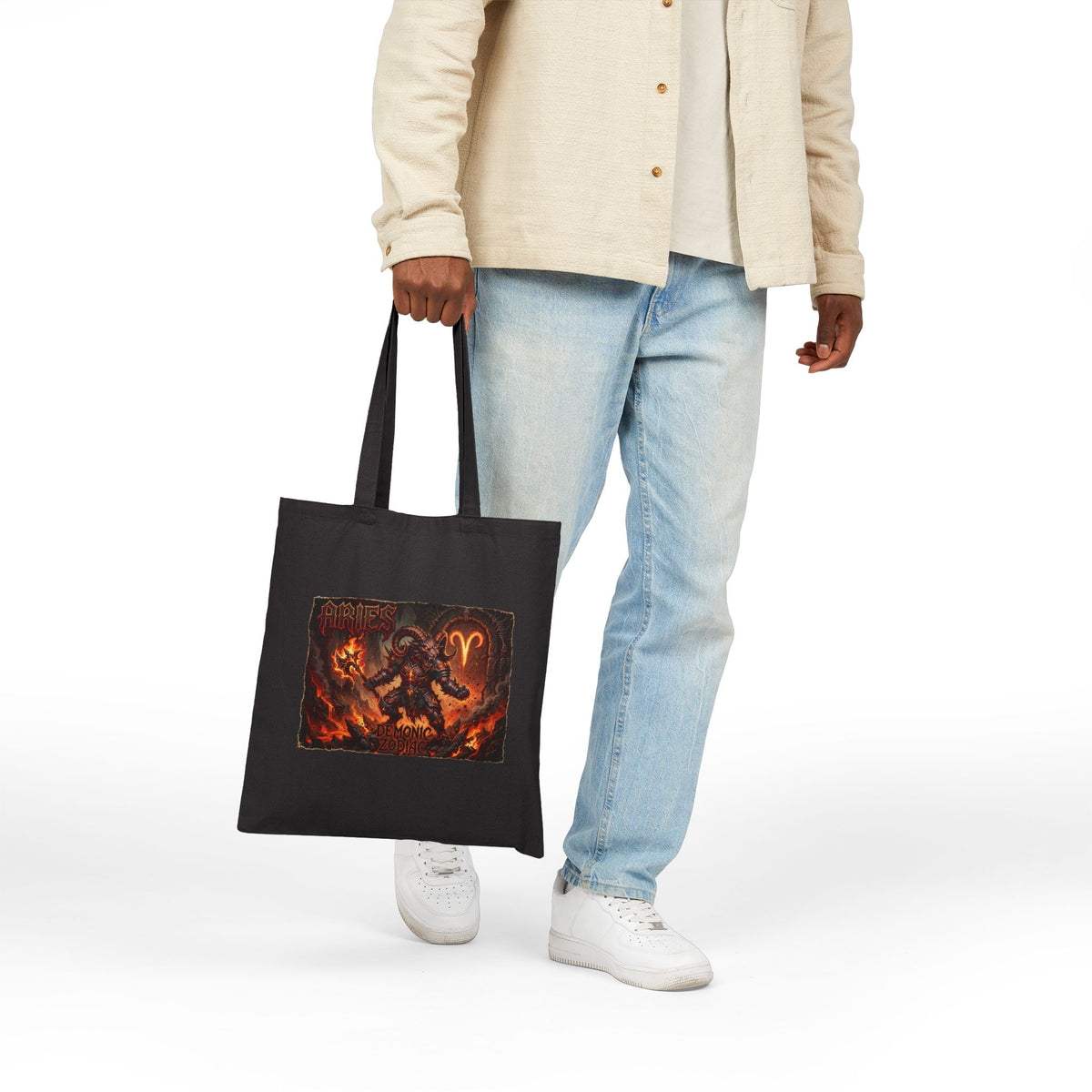 Demonic Aries Zodiac Canvas Tote Bag — Zodiac Fire Sign Gothic Tote