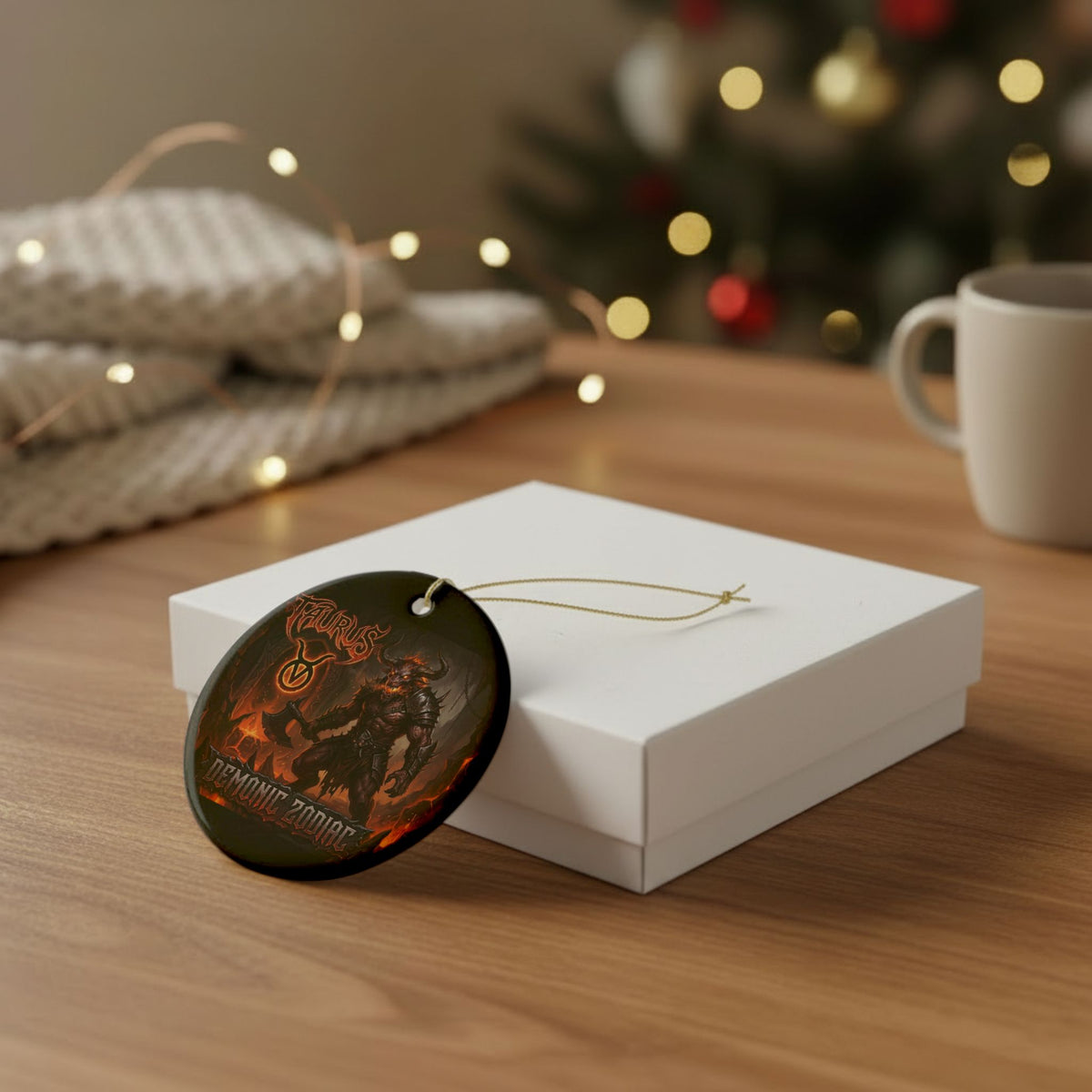 Taurus Demonic Zodiac Ceramic Ornament – Fiery Mythic Bull Decoration